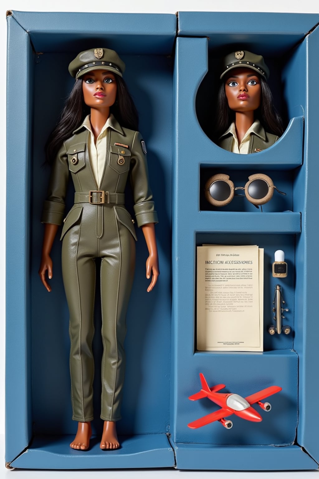 woman as an action figure in packaging labeled 'PILOT EDITION'. Use woman as a reference for the face. Model is 6 inches tall and dressed in pilot uniform with cap, and holding aviator sunglasses. The cardboard section should be navy blue. Include an 'Accessories' section with items like pilot headset, flight manual, and woman airplane. Make the design visually appealing and reflective of aviation profession. Do not include the character image on packaging.