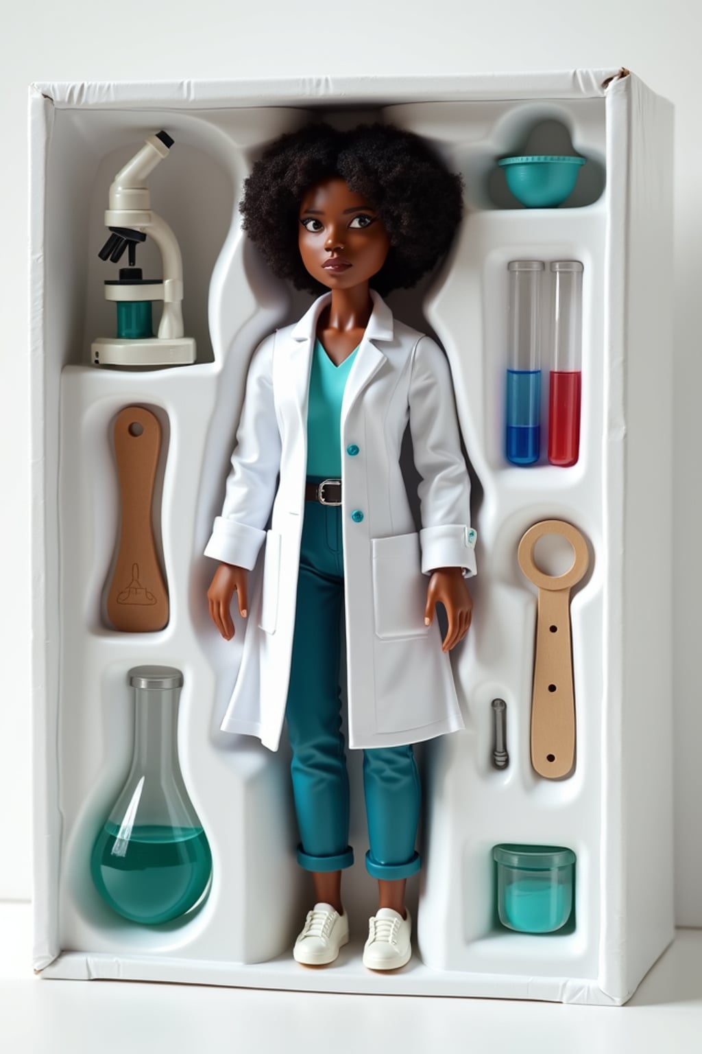 woman as an action figure in packaging labeled 'SCIENTIST EDITION'. Use woman as a reference for the face. Model is 6 inches tall and dressed in lab coat, and holding a test tube. The cardboard section should be white. Include an 'Accessories' section with items like microscope, safety goggles, and lab notebook. Make the design visually appealing and reflective of scientific research. Do not include the character image on packaging.