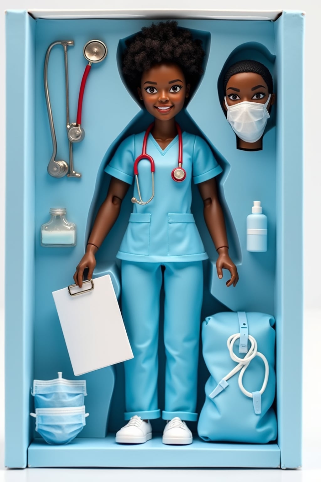 woman as an action figure in packaging labeled 'DOCTOR EDITION'. Use woman as a reference for the face. Model is 6 inches tall and dressed in medical scrubs with stethoscope, and holding a clipboard. The cardboard section should be light blue. Include an 'Accessories' section with items like stethoscope, medical bag, and surgical mask. Make the design visually appealing and reflective of healthcare profession. Do not include the character image on packaging.