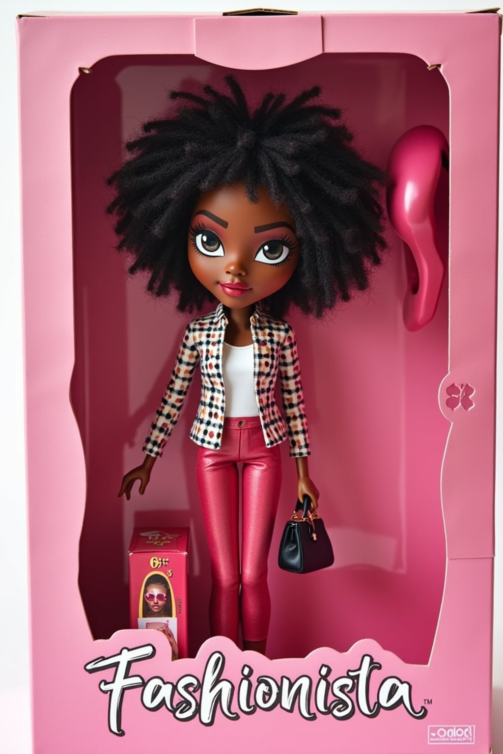 woman as an action figure in packaging labeled 'FASHIONISTA'. Use woman as a reference for the face. Model is 6 inches tall and dressed in fashionable attire, and holding a handbag. The cardboard section should be pink. Include an 'Accessories' section with items like sunglasses, handbag, and fashion magazine. Make the design visually appealing and reflective of fashion industry. Do not include the character image on packaging.