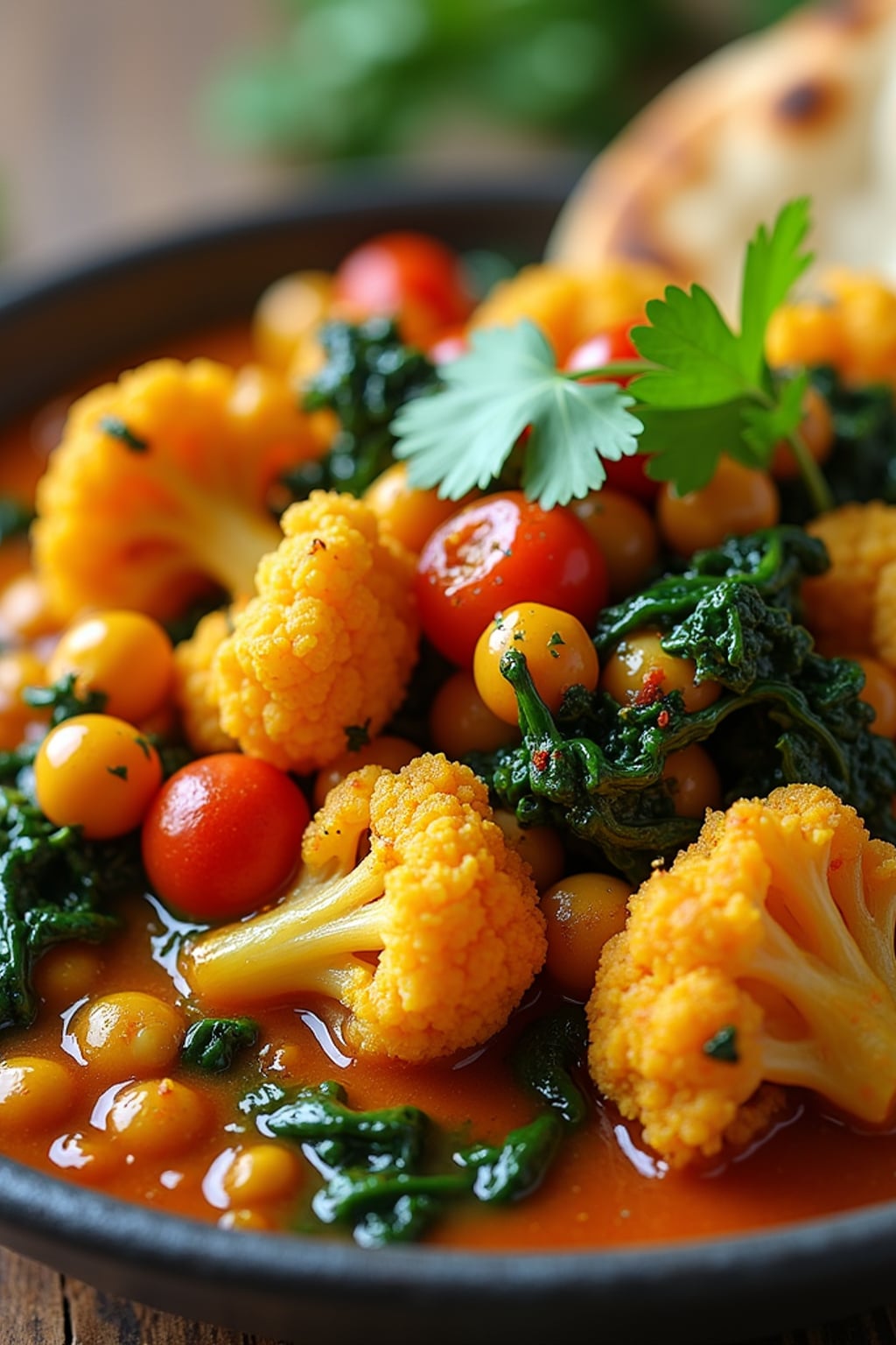 a close-up, ultra-realistic photograph perfect for a cookbook captures a vibrant vegetable curry with cauliflower, chickpeas, spinach, and tomatoes in a rich spiced sauce, garnished with cilantro and served with naan bread.