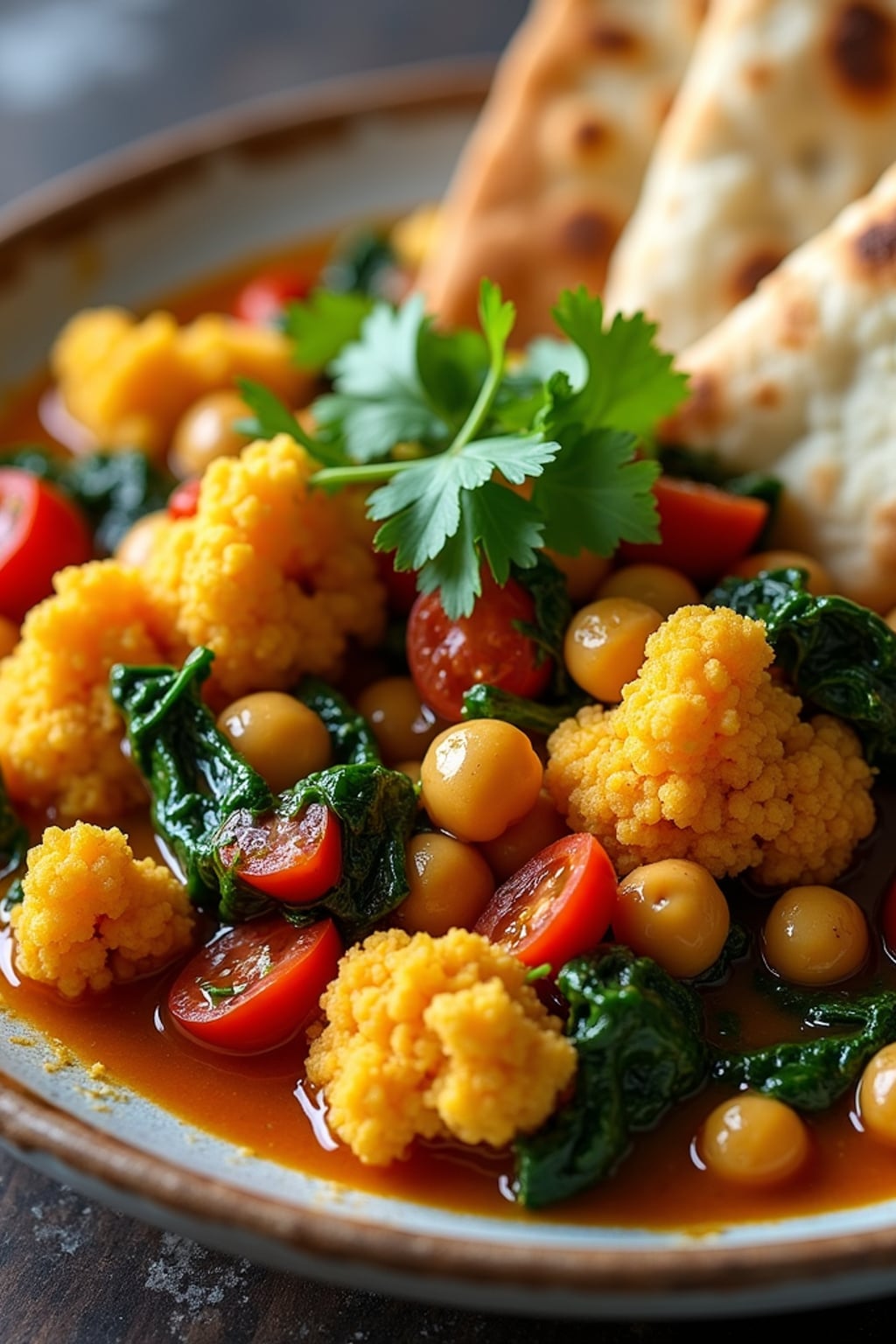 a close-up, ultra-realistic photograph perfect for a cookbook captures a vibrant vegetable curry with cauliflower, chickpeas, spinach, and tomatoes in a rich spiced sauce, garnished with cilantro and served with naan bread.