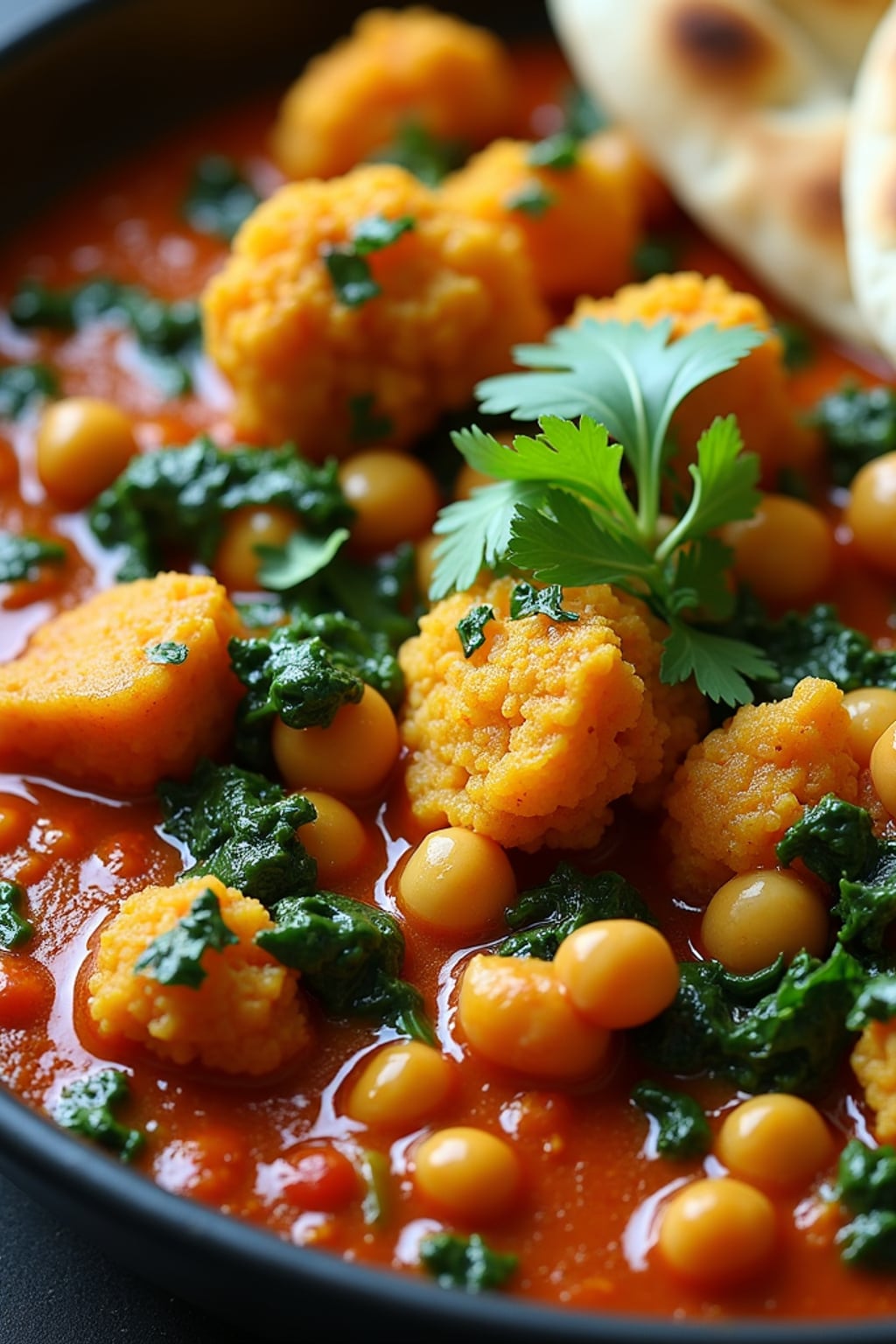 a close-up, ultra-realistic photograph perfect for a cookbook captures a vibrant vegetable curry with cauliflower, chickpeas, spinach, and tomatoes in a rich spiced sauce, garnished with cilantro and served with naan bread.