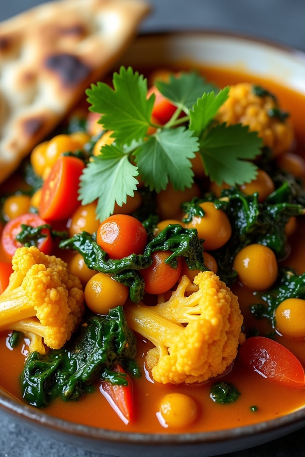 a close-up, ultra-realistic photograph perfect for a cookbook captures a vibrant vegetable curry with cauliflower, chickpeas, spinach, and tomatoes in a rich spiced sauce, garnished with cilantro and served with naan bread.