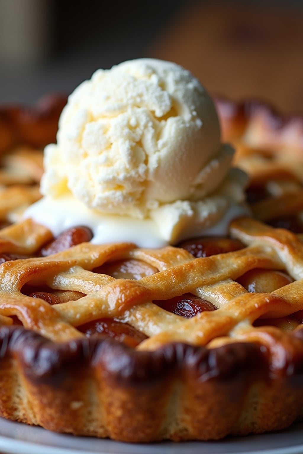 a close-up, ultra-realistic photograph perfect for a cookbook captures a rustic apple pie with a golden lattice crust, visible cinnamon-spiced apple filling, and a scoop of melting vanilla ice cream on top.