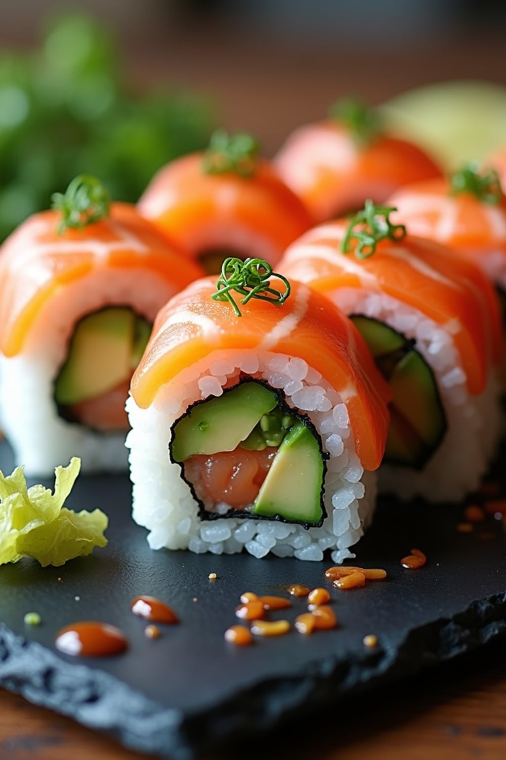 a close-up, ultra-realistic photograph perfect for a cookbook captures homemade sushi rolls with fresh salmon, avocado, and cucumber, served with pickled ginger, wasabi, and soy sauce on a slate plate.