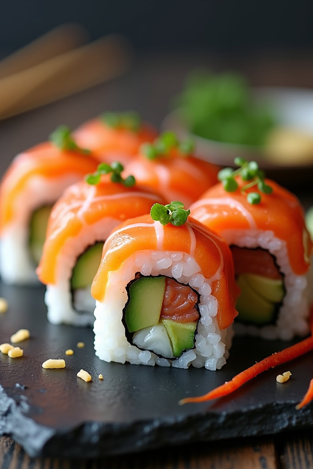 a close-up, ultra-realistic photograph perfect for a cookbook captures homemade sushi rolls with fresh salmon, avocado, and cucumber, served with pickled ginger, wasabi, and soy sauce on a slate plate.