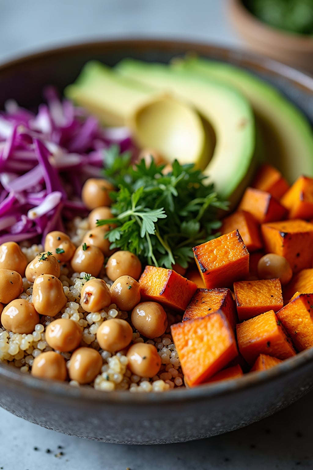 a close-up, ultra-realistic photograph perfect for a cookbook captures a colorful Buddha bowl with quinoa, roasted sweet potatoes, chickpeas, avocado slices, shredded red cabbage, and a tahini drizzle.