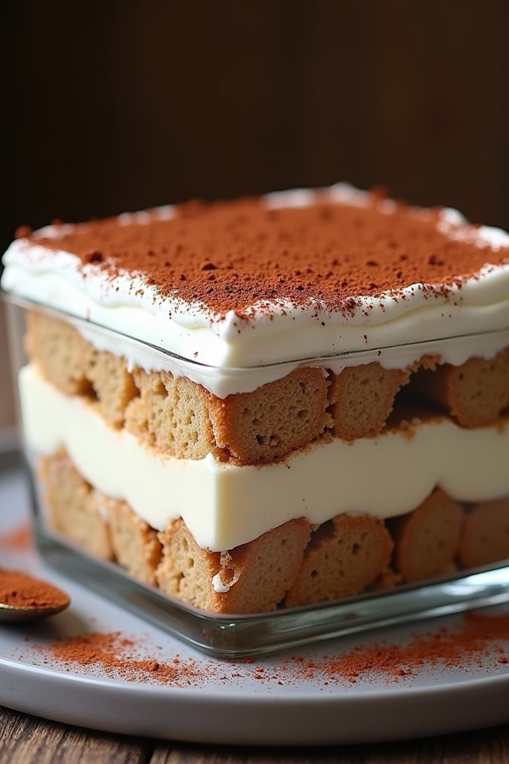 a close-up, ultra-realistic photograph perfect for a cookbook captures a classic tiramisu with distinct layers of coffee-soaked ladyfingers and mascarpone cream, dusted with cocoa powder and served in a glass dish.
