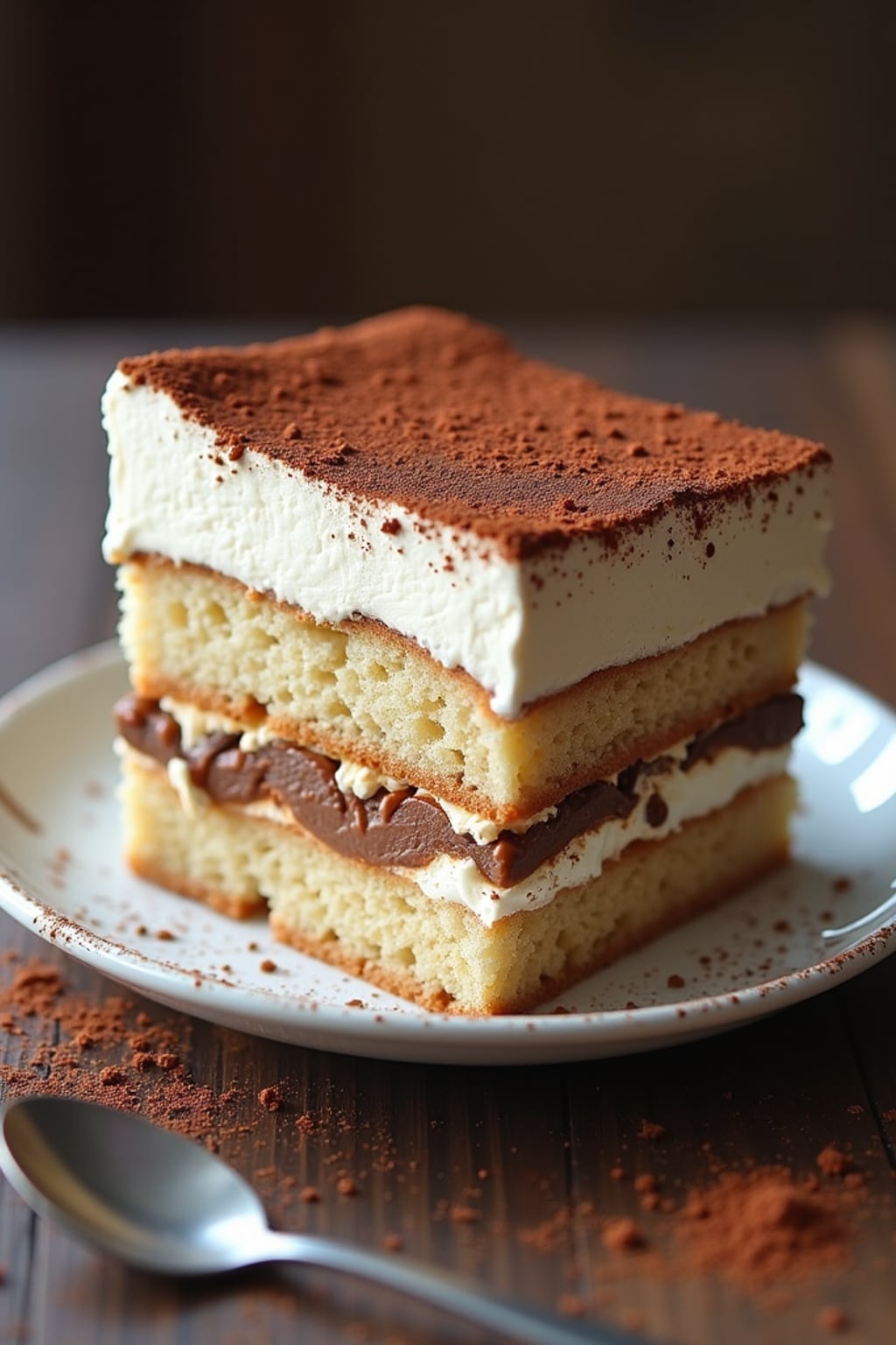 a close-up, ultra-realistic photograph perfect for a cookbook captures a classic tiramisu with distinct layers of coffee-soaked ladyfingers and mascarpone cream, dusted with cocoa powder and served in a glass dish.
