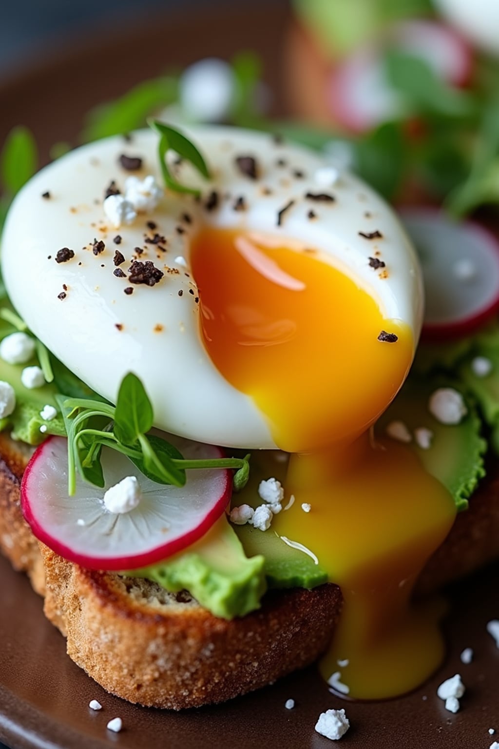 a close-up, ultra-realistic photograph perfect for a cookbook captures a fresh avocado toast on artisanal sourdough bread, topped with sliced radishes, microgreens, crumbled feta, and a perfectly poached egg with runny yolk.