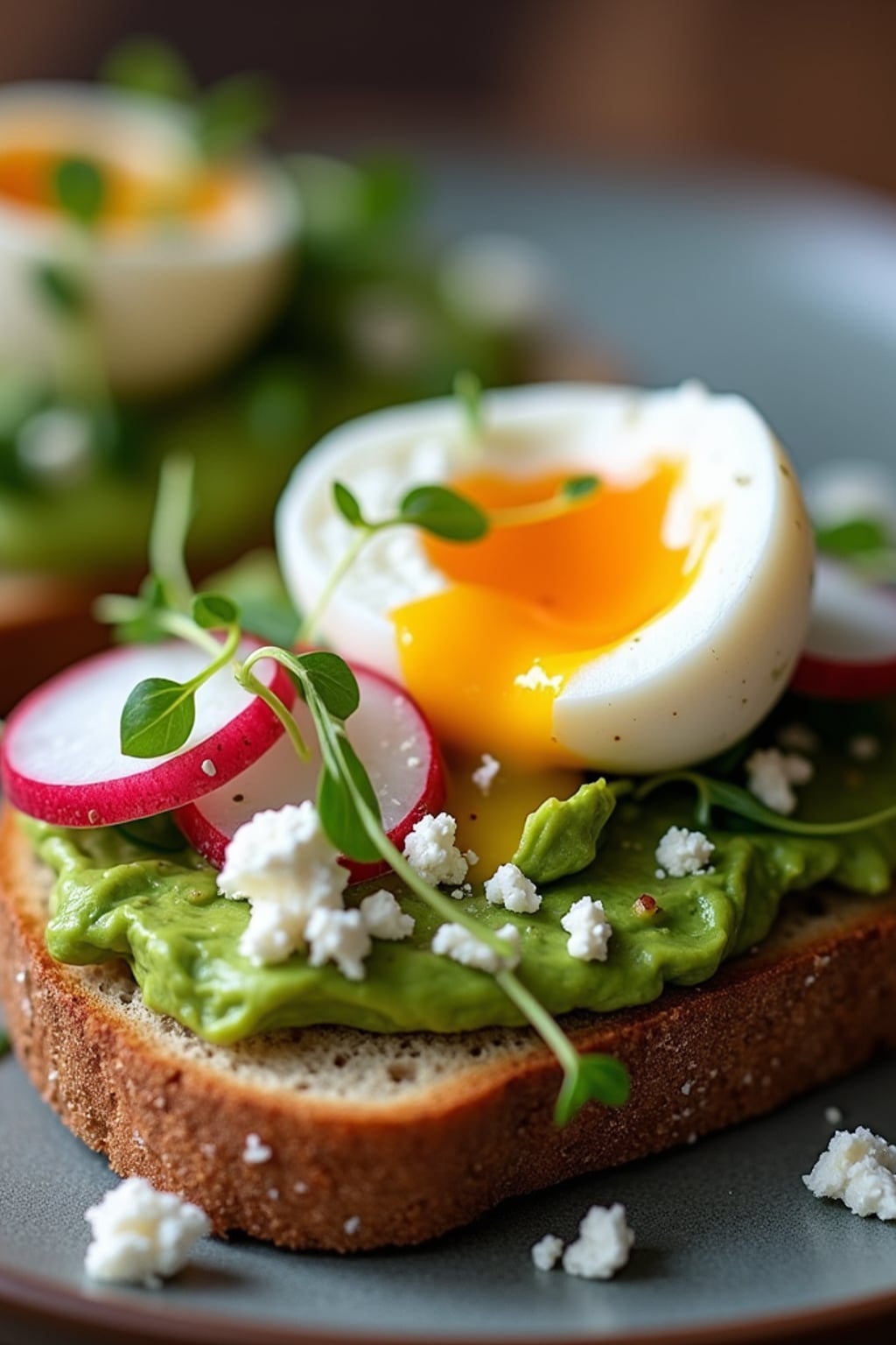 a close-up, ultra-realistic photograph perfect for a cookbook captures a fresh avocado toast on artisanal sourdough bread, topped with sliced radishes, microgreens, crumbled feta, and a perfectly poached egg with runny yolk.
