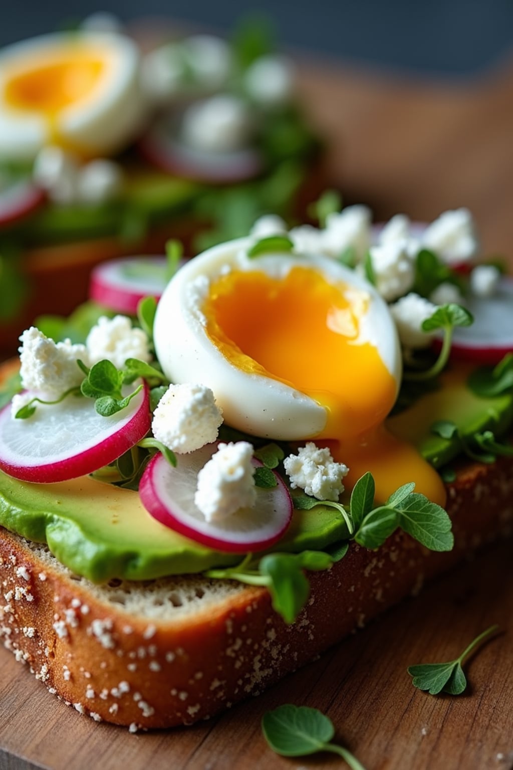 a close-up, ultra-realistic photograph perfect for a cookbook captures a fresh avocado toast on artisanal sourdough bread, topped with sliced radishes, microgreens, crumbled feta, and a perfectly poached egg with runny yolk.