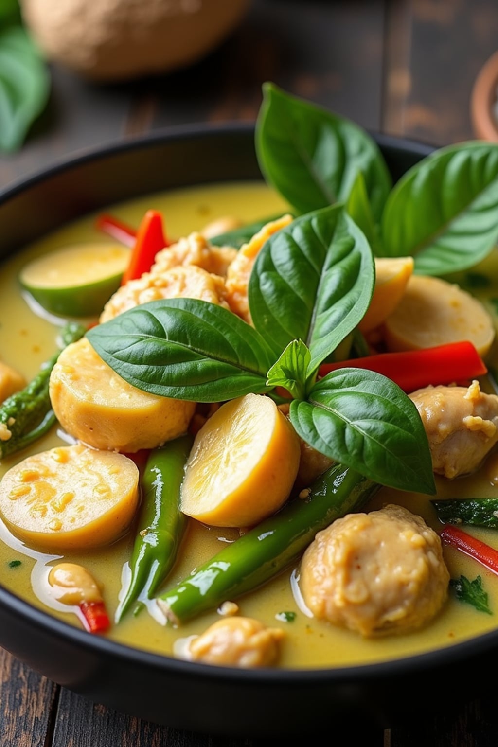 a close-up, ultra-realistic photograph perfect for a cookbook captures a vibrant Thai green curry with chunks of chicken, bamboo shoots, bell peppers, and Thai basil leaves in a creamy coconut sauce, served with jasmine rice.