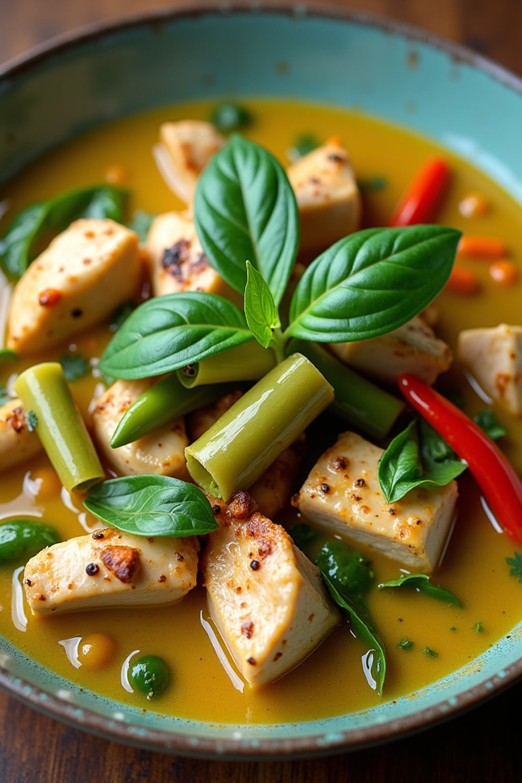 a close-up, ultra-realistic photograph perfect for a cookbook captures a vibrant Thai green curry with chunks of chicken, bamboo shoots, bell peppers, and Thai basil leaves in a creamy coconut sauce, served with jasmine rice.