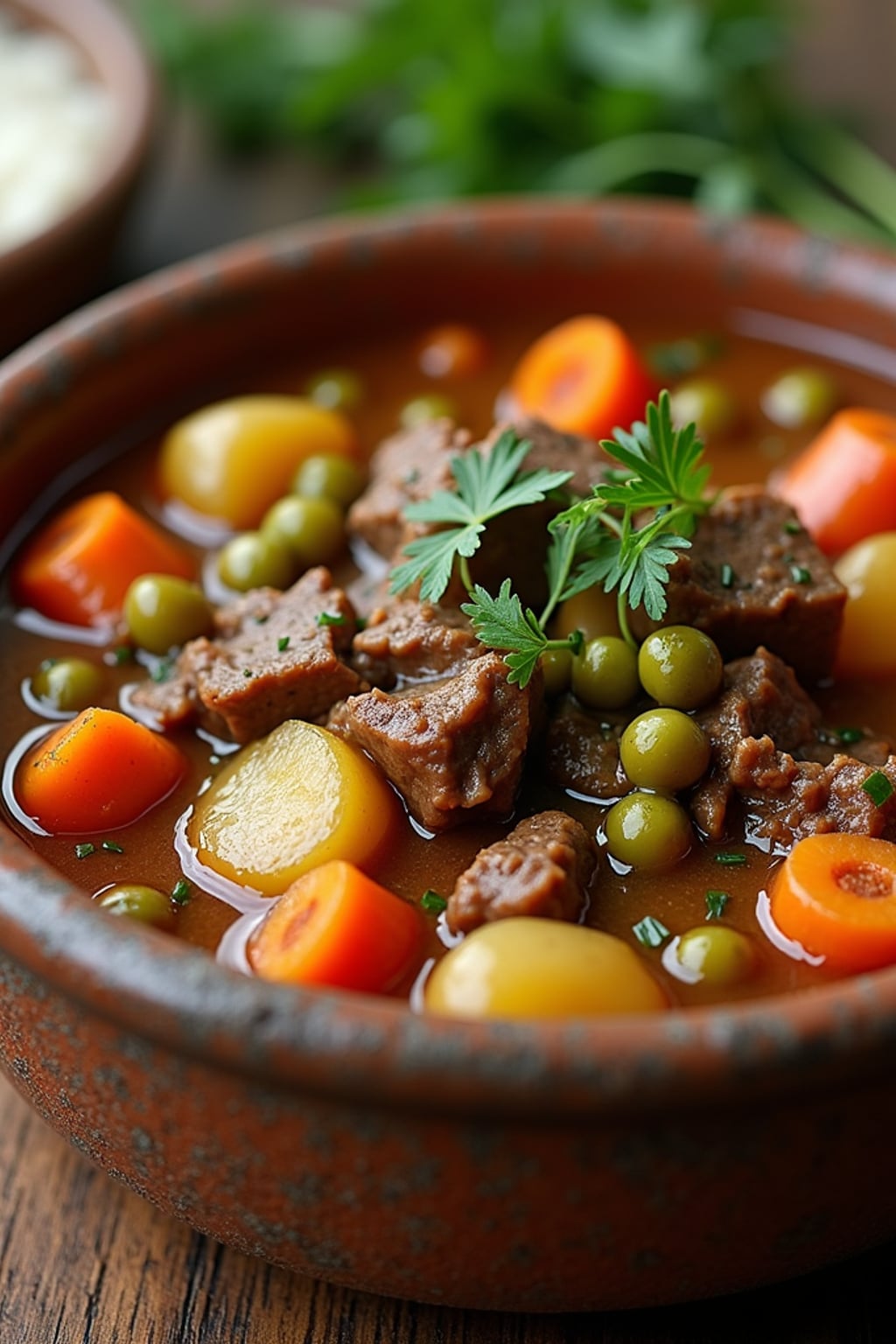 a close-up, ultra-realistic photograph perfect for a cookbook captures a hearty beef stew with tender chunks of meat, carrots, potatoes, and peas in a rich gravy, served in a rustic ceramic bowl with fresh herbs.