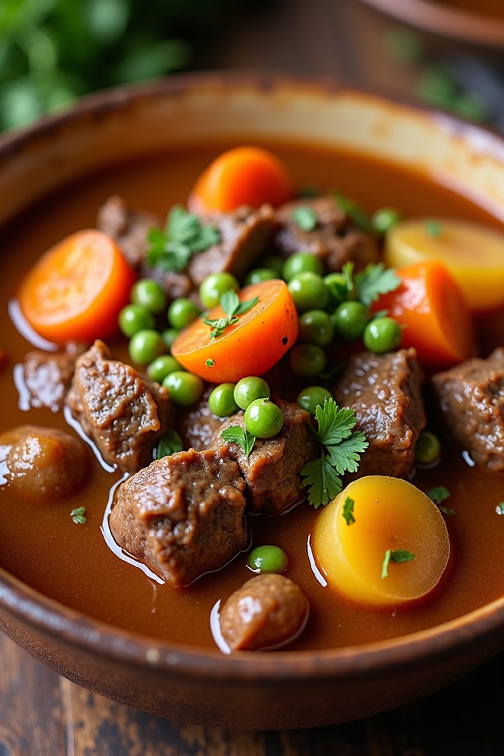a close-up, ultra-realistic photograph perfect for a cookbook captures a hearty beef stew with tender chunks of meat, carrots, potatoes, and peas in a rich gravy, served in a rustic ceramic bowl with fresh herbs.