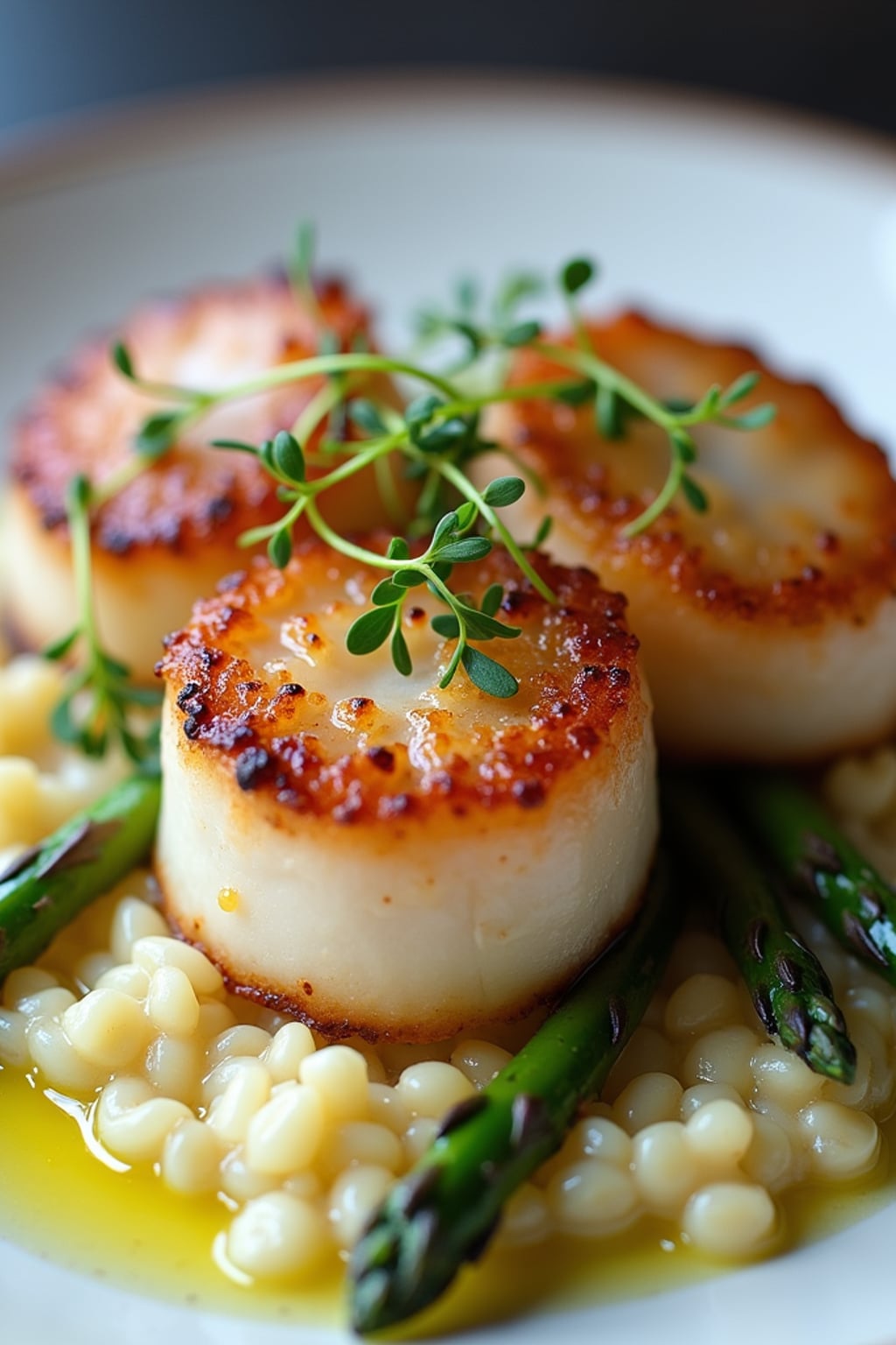 a close-up, ultra-realistic photograph perfect for a cookbook captures perfectly seared scallops with a golden crust, served on a bed of creamy risotto with asparagus tips and a lemon butter sauce, garnished with microgreens.