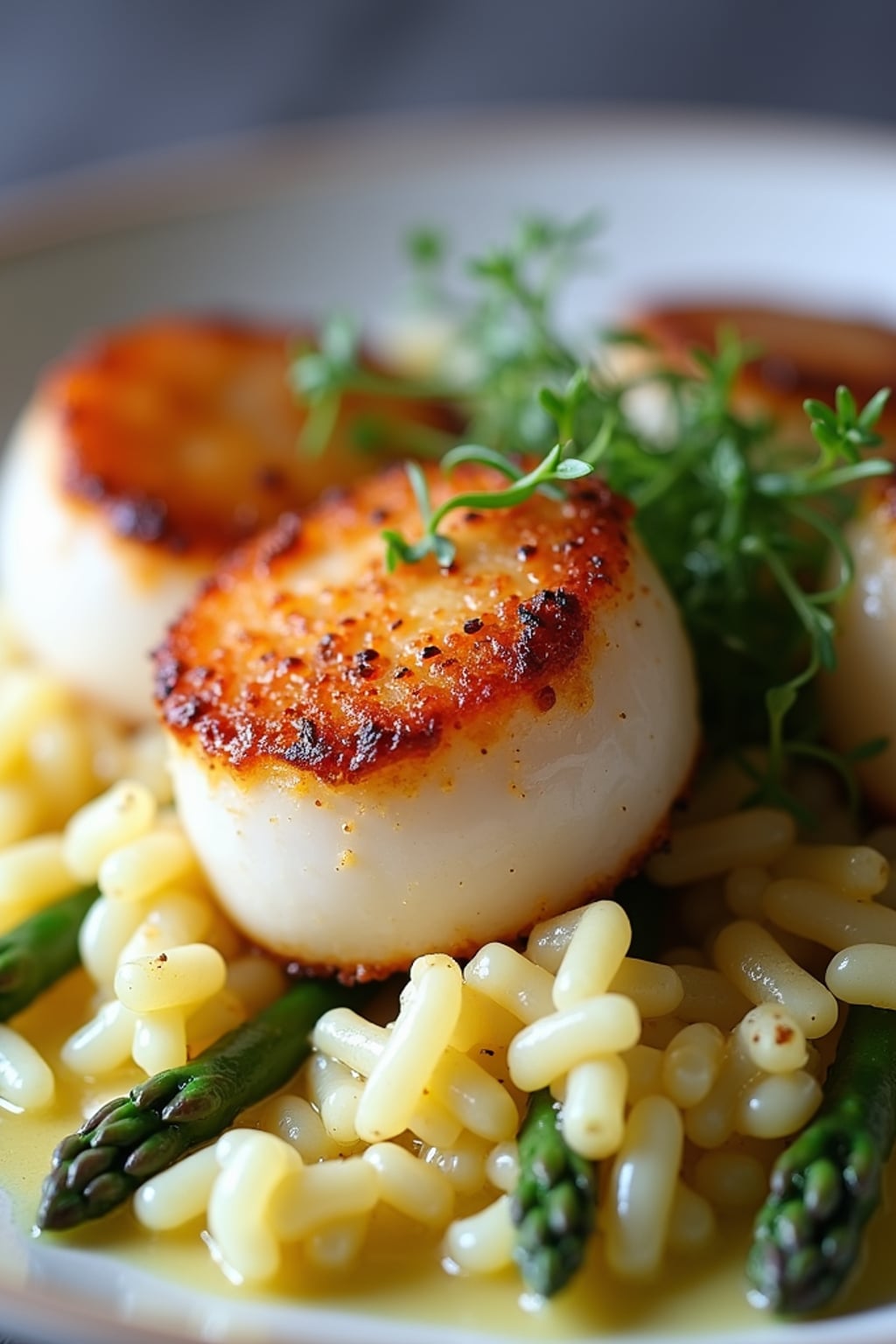 a close-up, ultra-realistic photograph perfect for a cookbook captures perfectly seared scallops with a golden crust, served on a bed of creamy risotto with asparagus tips and a lemon butter sauce, garnished with microgreens.