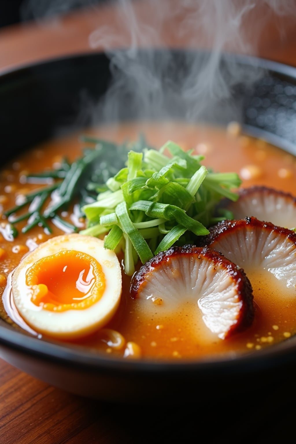 a close-up, ultra-realistic photograph perfect for a cookbook captures a steaming bowl of ramen with sliced pork belly, soft-boiled egg, green onions, and nori, in a rich umami broth with visible steam rising.