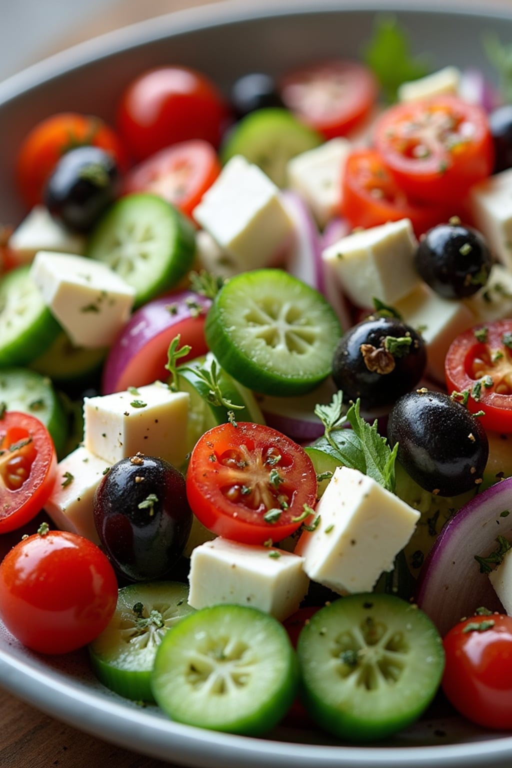 a close-up, ultra-realistic photograph perfect for a cookbook captures a colorful Mediterranean salad with cucumber, cherry tomatoes, red onion, kalamata olives, and feta cheese, drizzled with olive oil and sprinkled with oregano.