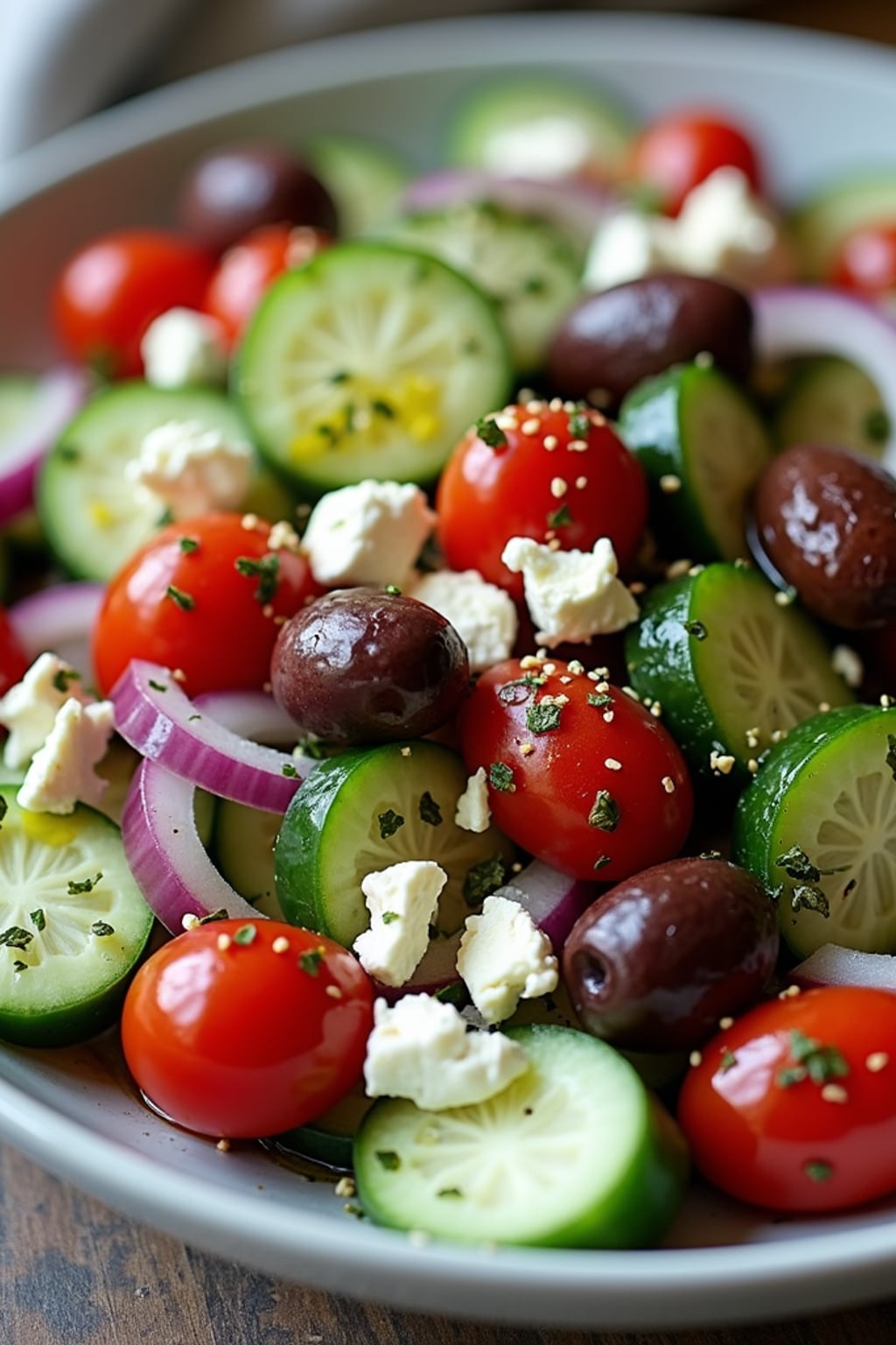 a close-up, ultra-realistic photograph perfect for a cookbook captures a colorful Mediterranean salad with cucumber, cherry tomatoes, red onion, kalamata olives, and feta cheese, drizzled with olive oil and sprinkled with oregano.