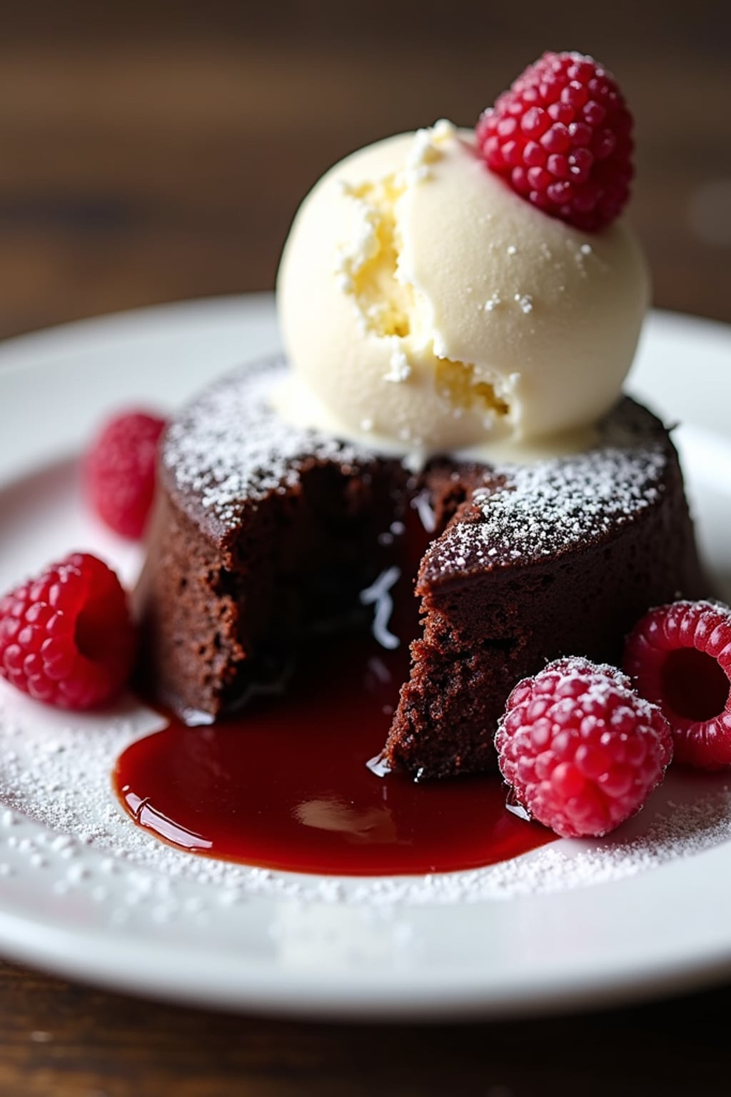 a close-up, ultra-realistic photograph perfect for a cookbook captures a decadent chocolate lava cake with molten center oozing onto a white plate, served with a scoop of vanilla ice cream and fresh raspberries, dusted with powdered sugar.