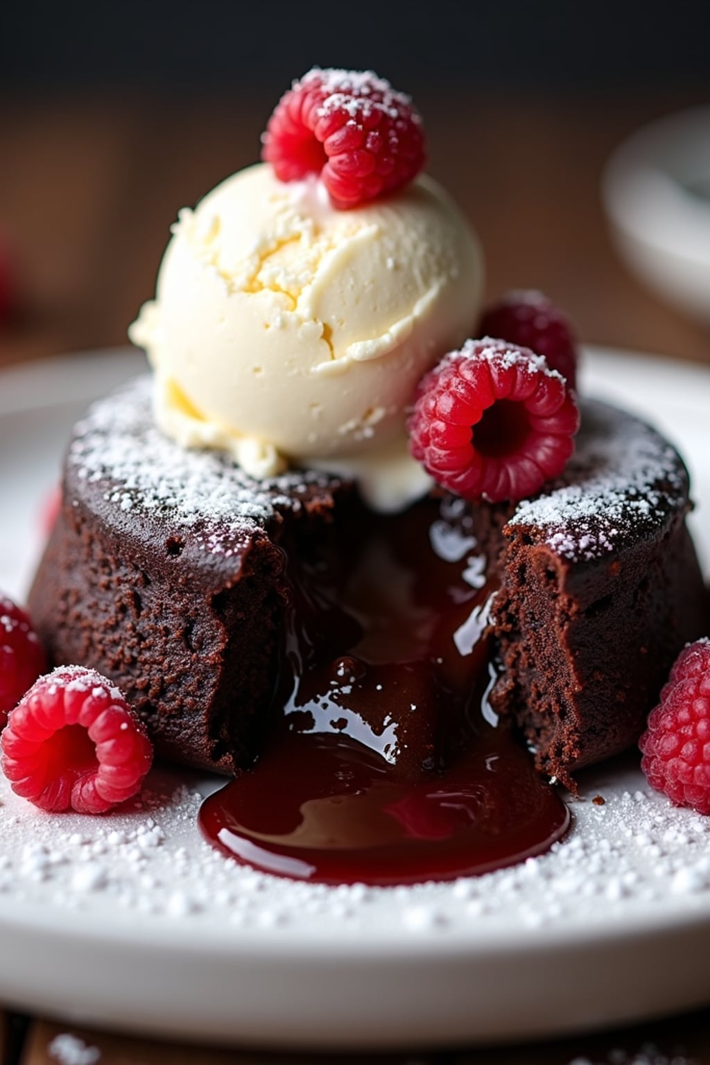 a close-up, ultra-realistic photograph perfect for a cookbook captures a decadent chocolate lava cake with molten center oozing onto a white plate, served with a scoop of vanilla ice cream and fresh raspberries, dusted with powdered sugar.