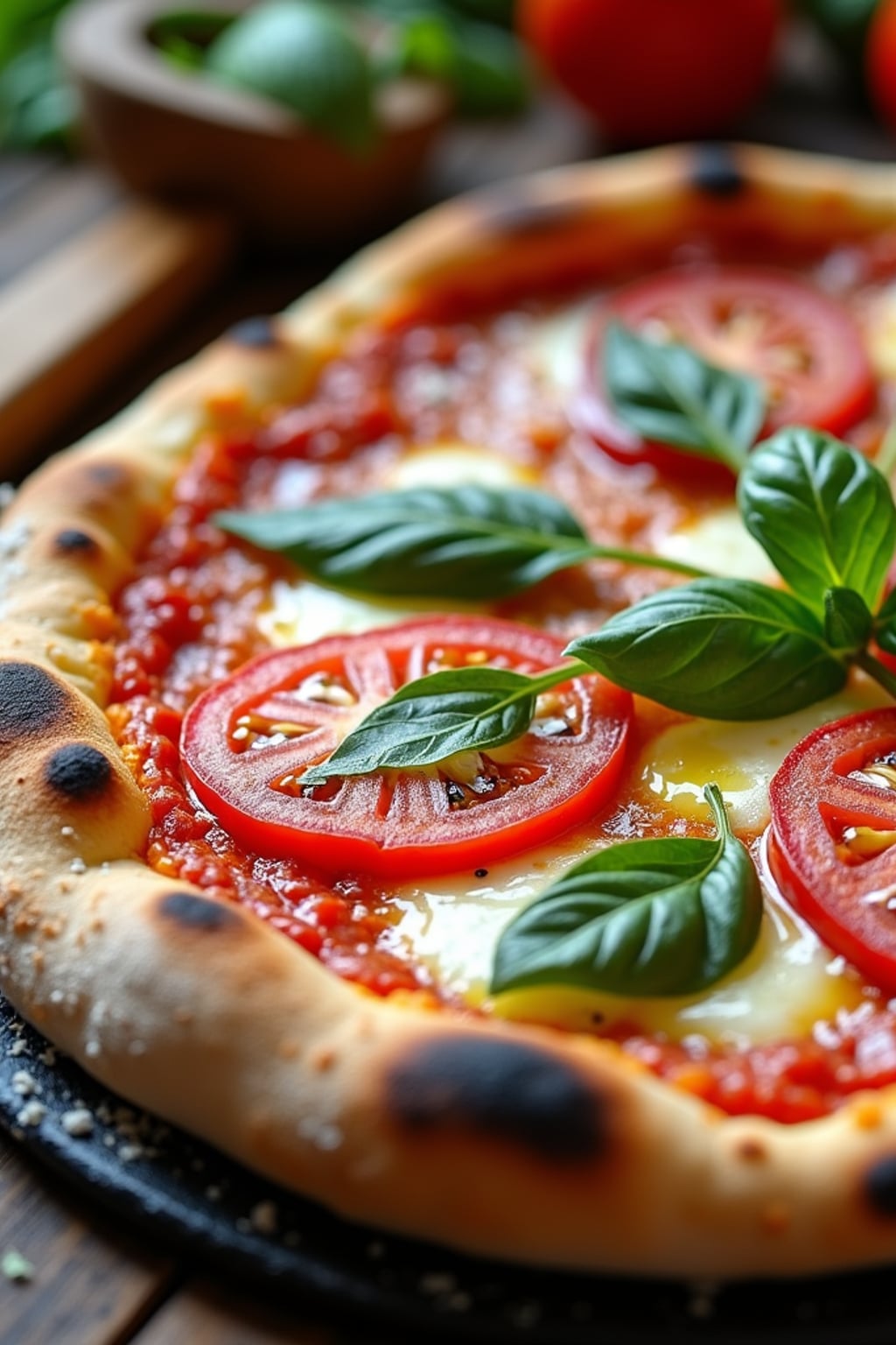 a close-up, ultra-realistic photograph perfect for a cookbook captures a vibrant homemade margherita pizza with bubbling mozzarella, fresh basil leaves, and bright red tomatoes on a perfectly charred crust, dusted with flour and drizzled with olive oil.