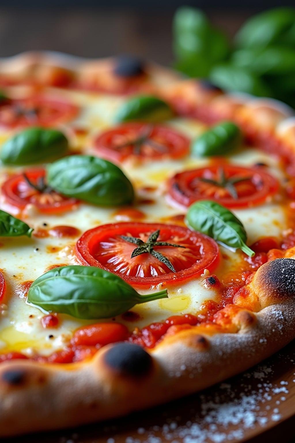 a close-up, ultra-realistic photograph perfect for a cookbook captures a vibrant homemade margherita pizza with bubbling mozzarella, fresh basil leaves, and bright red tomatoes on a perfectly charred crust, dusted with flour and drizzled with olive oil.