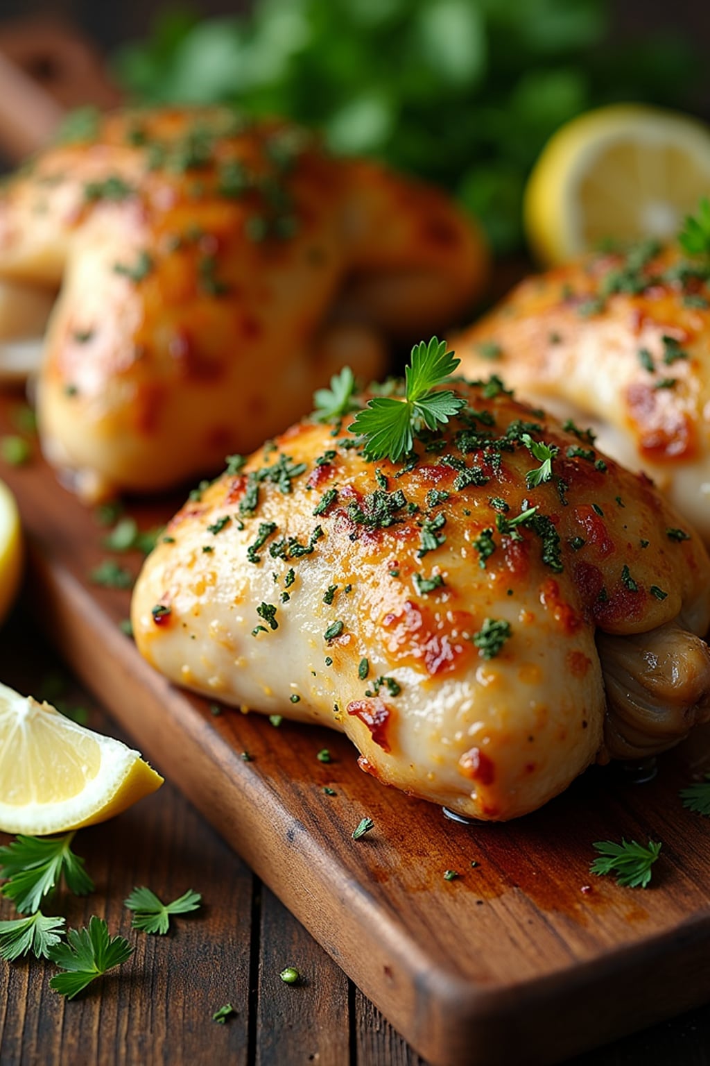 a close-up, ultra-realistic photograph perfect for a cookbook captures a beautifully baked herbed chicken with crispy golden skin, garnished with fresh oregano and parsley. The chicken thighs are arranged on a rustic wooden board with lemon wedges, minced garlic, and melted butter visible.