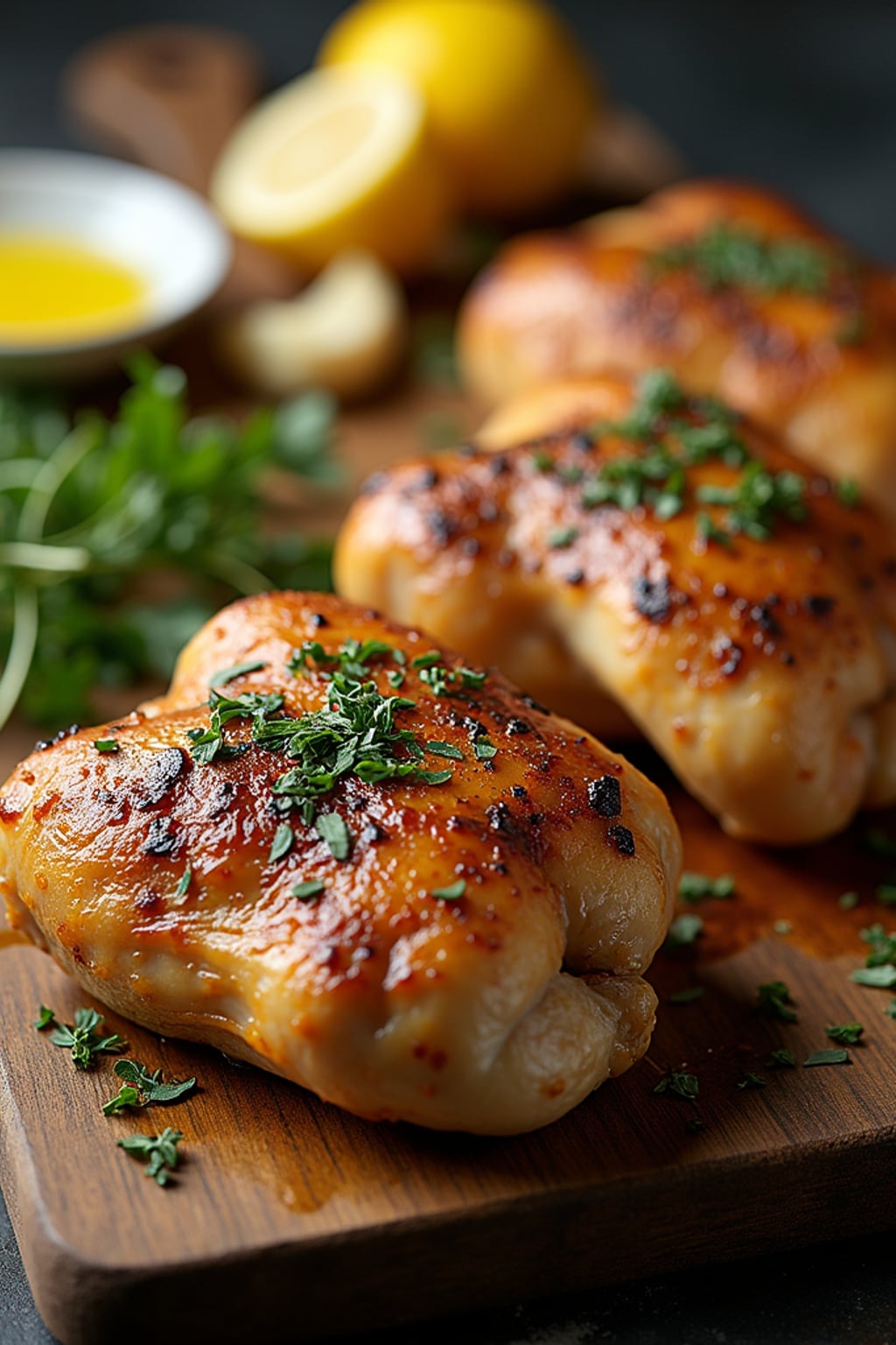 a close-up, ultra-realistic photograph perfect for a cookbook captures a beautifully baked herbed chicken with crispy golden skin, garnished with fresh oregano and parsley. The chicken thighs are arranged on a rustic wooden board with lemon wedges, minced garlic, and melted butter visible.