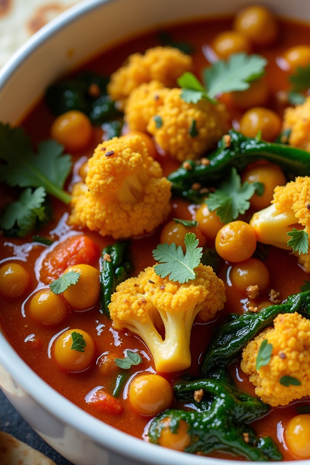 a close-up, ultra-realistic photograph perfect for a cookbook captures a vibrant vegetable curry with cauliflower, chickpeas, spinach, and tomatoes in a rich spiced sauce, garnished with cilantro and served with naan bread.