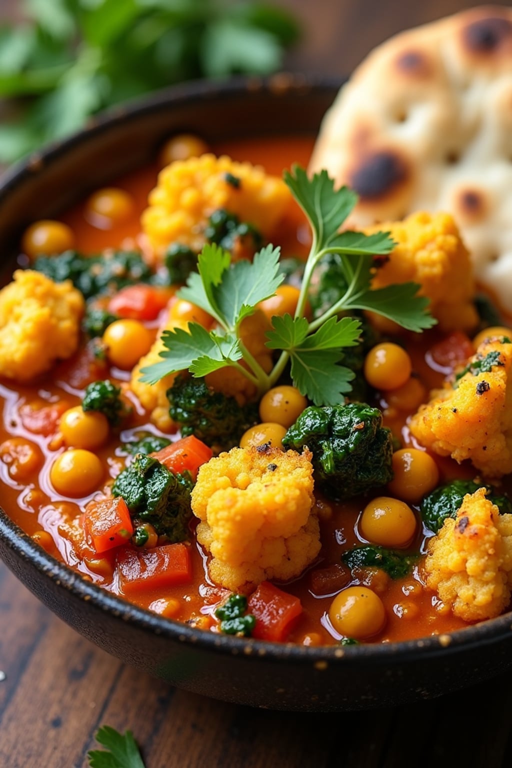 a close-up, ultra-realistic photograph perfect for a cookbook captures a vibrant vegetable curry with cauliflower, chickpeas, spinach, and tomatoes in a rich spiced sauce, garnished with cilantro and served with naan bread.