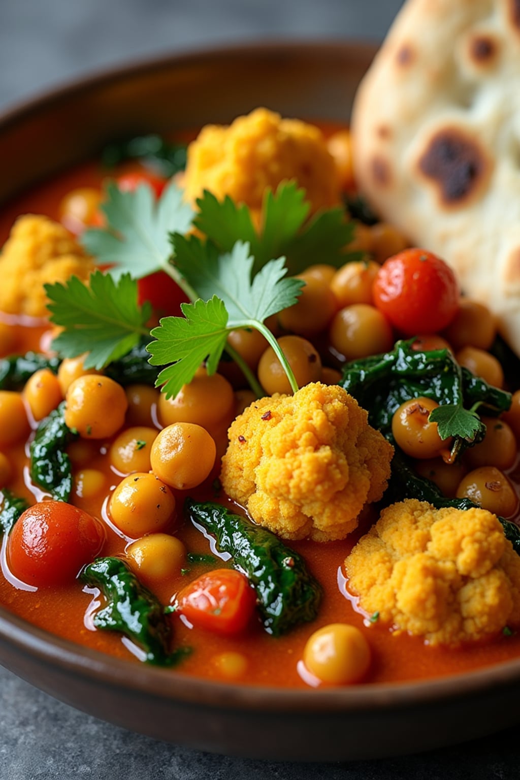 a close-up, ultra-realistic photograph perfect for a cookbook captures a vibrant vegetable curry with cauliflower, chickpeas, spinach, and tomatoes in a rich spiced sauce, garnished with cilantro and served with naan bread.