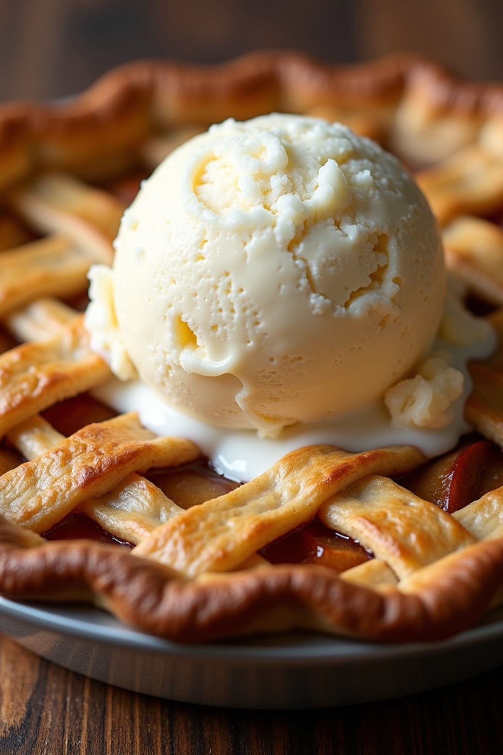 a close-up, ultra-realistic photograph perfect for a cookbook captures a rustic apple pie with a golden lattice crust, visible cinnamon-spiced apple filling, and a scoop of melting vanilla ice cream on top.