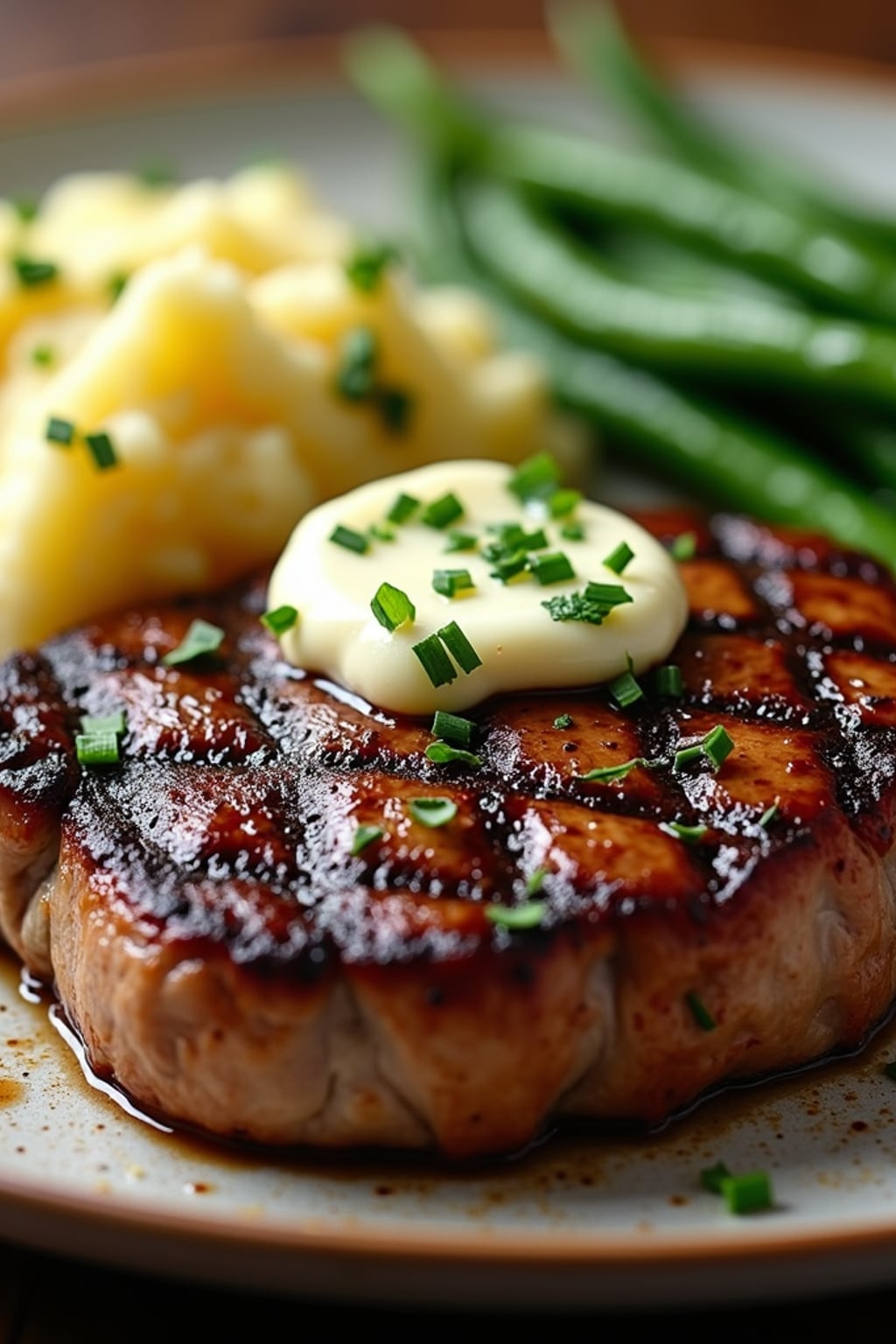 a close-up, ultra-realistic photograph perfect for a cookbook captures a perfectly grilled steak with crosshatch grill marks, served with roasted garlic mashed potatoes and sautéed green beans, topped with herb butter.