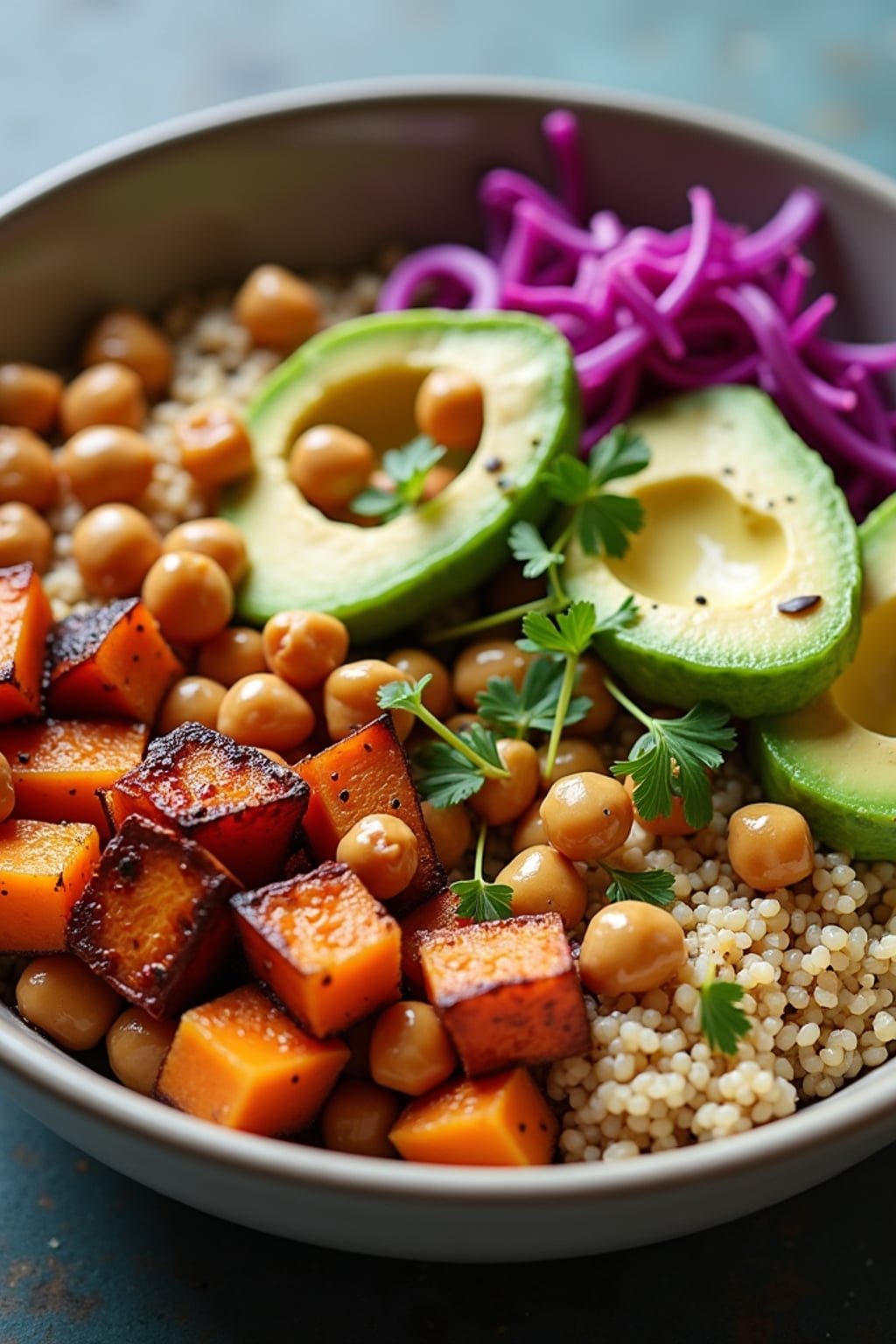 a close-up, ultra-realistic photograph perfect for a cookbook captures a colorful Buddha bowl with quinoa, roasted sweet potatoes, chickpeas, avocado slices, shredded red cabbage, and a tahini drizzle.