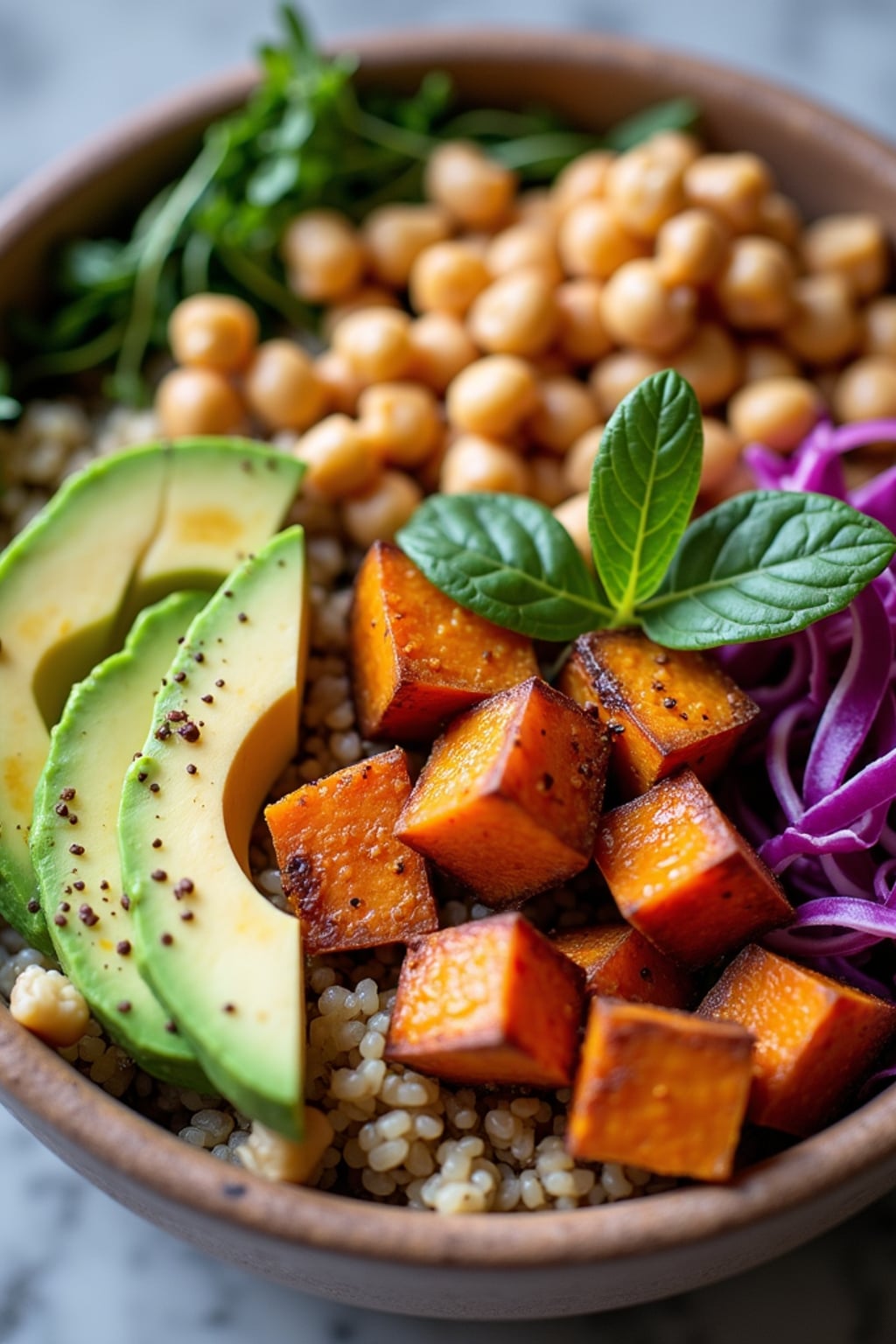 a close-up, ultra-realistic photograph perfect for a cookbook captures a colorful Buddha bowl with quinoa, roasted sweet potatoes, chickpeas, avocado slices, shredded red cabbage, and a tahini drizzle.