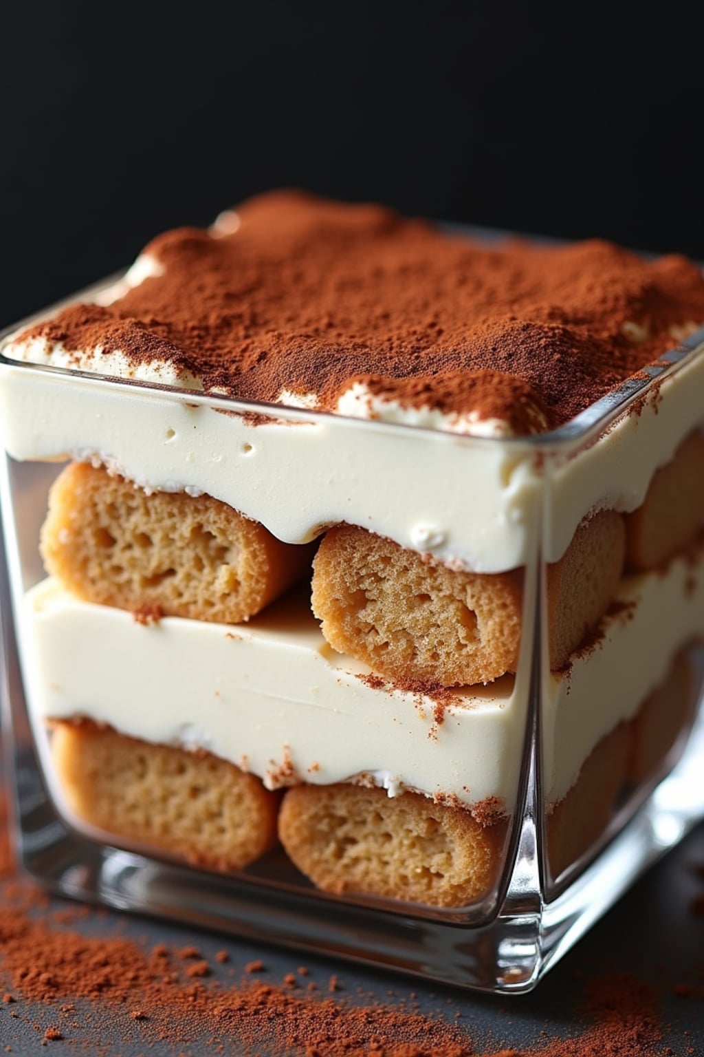 a close-up, ultra-realistic photograph perfect for a cookbook captures a classic tiramisu with distinct layers of coffee-soaked ladyfingers and mascarpone cream, dusted with cocoa powder and served in a glass dish.