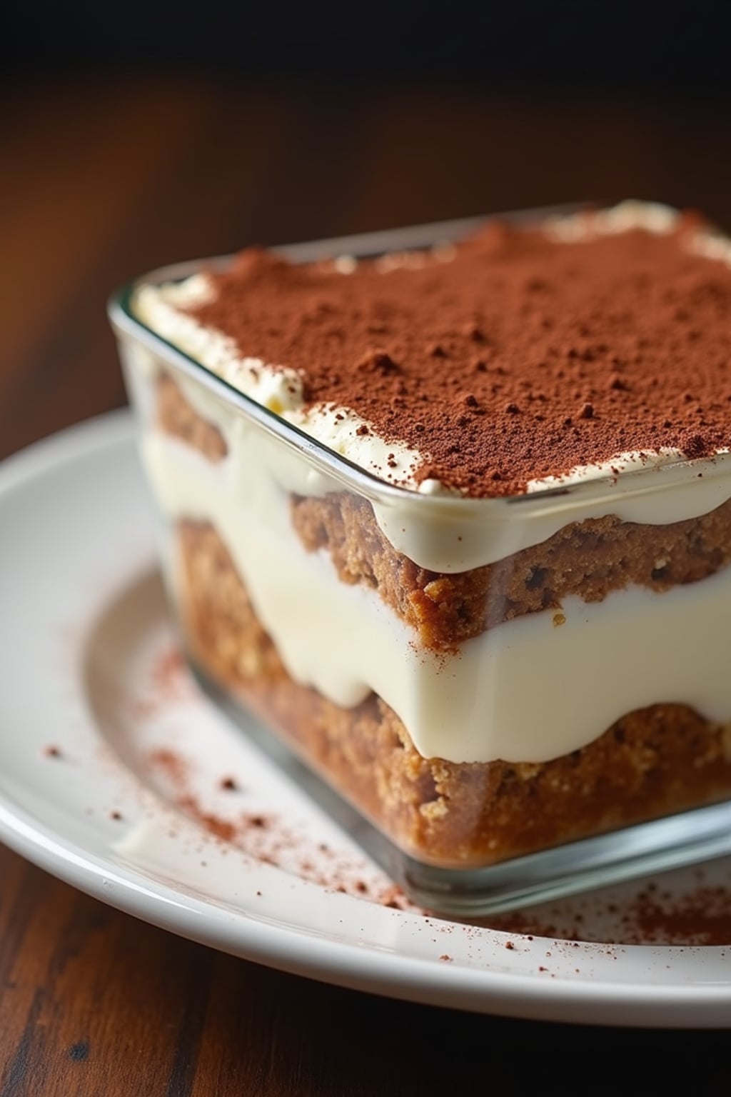 a close-up, ultra-realistic photograph perfect for a cookbook captures a classic tiramisu with distinct layers of coffee-soaked ladyfingers and mascarpone cream, dusted with cocoa powder and served in a glass dish.