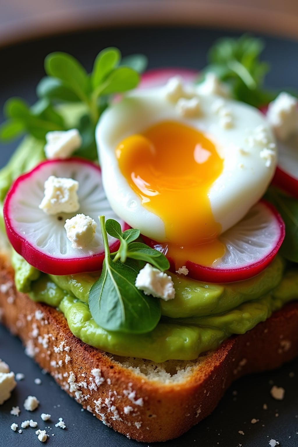 a close-up, ultra-realistic photograph perfect for a cookbook captures a fresh avocado toast on artisanal sourdough bread, topped with sliced radishes, microgreens, crumbled feta, and a perfectly poached egg with runny yolk.