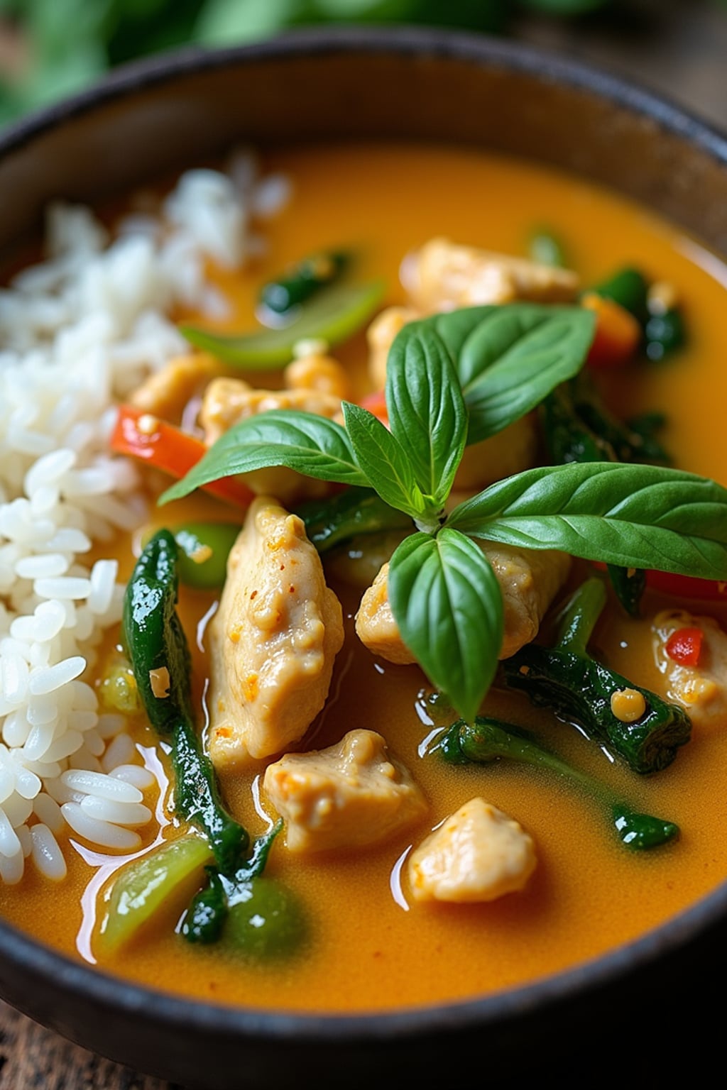 a close-up, ultra-realistic photograph perfect for a cookbook captures a vibrant Thai green curry with chunks of chicken, bamboo shoots, bell peppers, and Thai basil leaves in a creamy coconut sauce, served with jasmine rice.