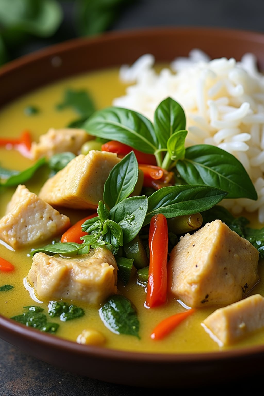 a close-up, ultra-realistic photograph perfect for a cookbook captures a vibrant Thai green curry with chunks of chicken, bamboo shoots, bell peppers, and Thai basil leaves in a creamy coconut sauce, served with jasmine rice.