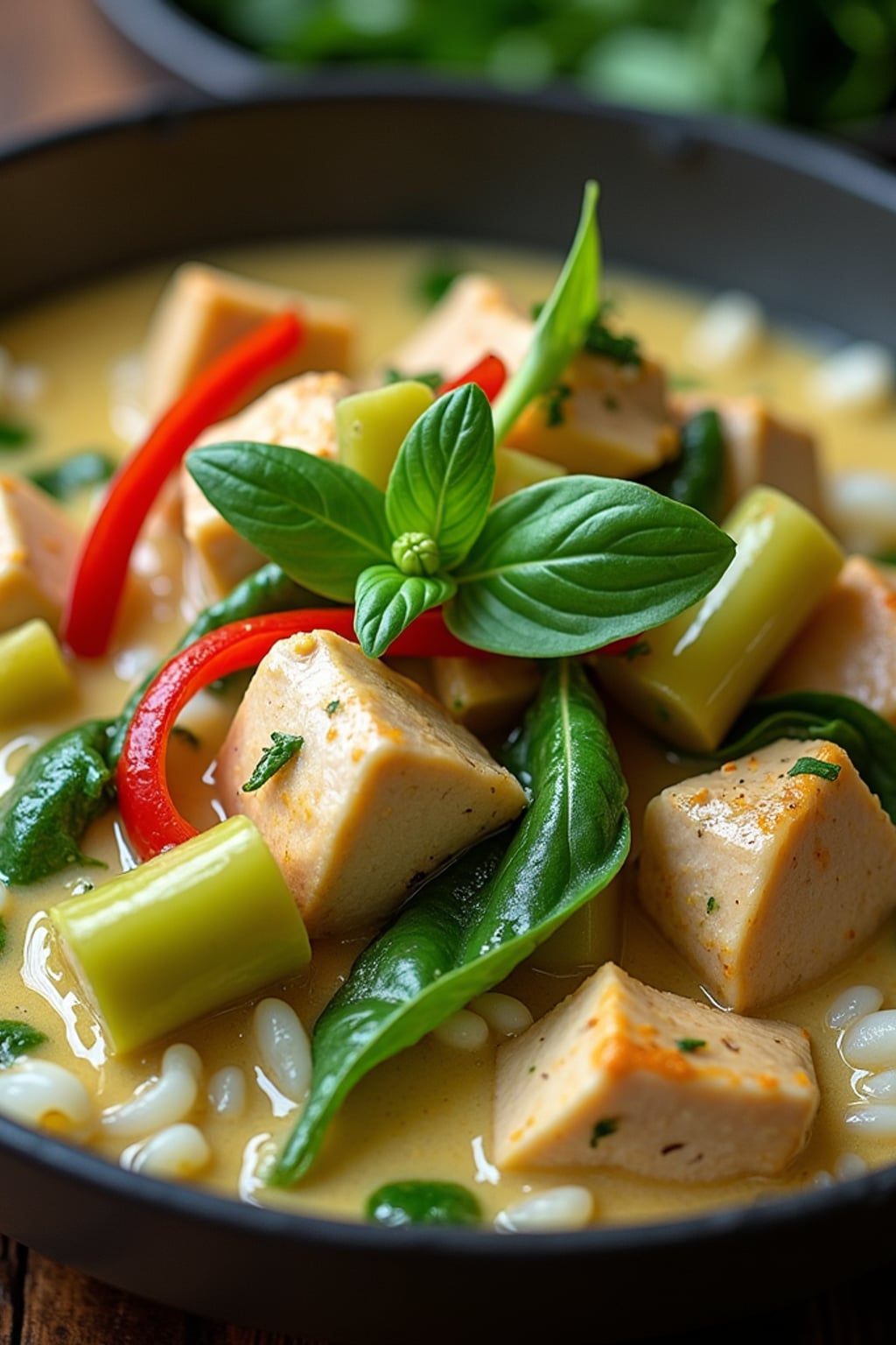 a close-up, ultra-realistic photograph perfect for a cookbook captures a vibrant Thai green curry with chunks of chicken, bamboo shoots, bell peppers, and Thai basil leaves in a creamy coconut sauce, served with jasmine rice.