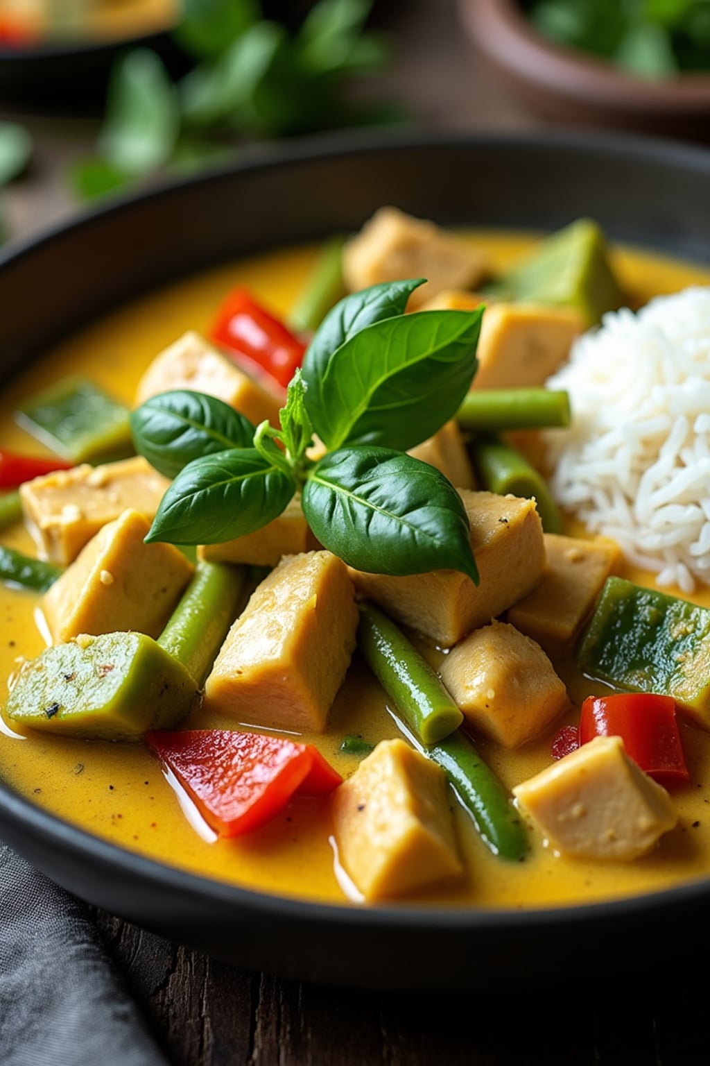 a close-up, ultra-realistic photograph perfect for a cookbook captures a vibrant Thai green curry with chunks of chicken, bamboo shoots, bell peppers, and Thai basil leaves in a creamy coconut sauce, served with jasmine rice.