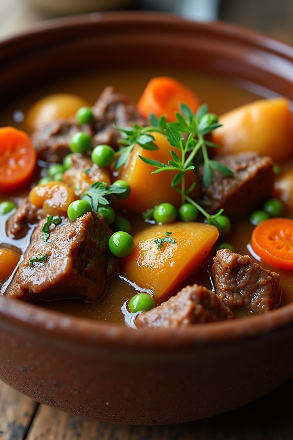a close-up, ultra-realistic photograph perfect for a cookbook captures a hearty beef stew with tender chunks of meat, carrots, potatoes, and peas in a rich gravy, served in a rustic ceramic bowl with fresh herbs.