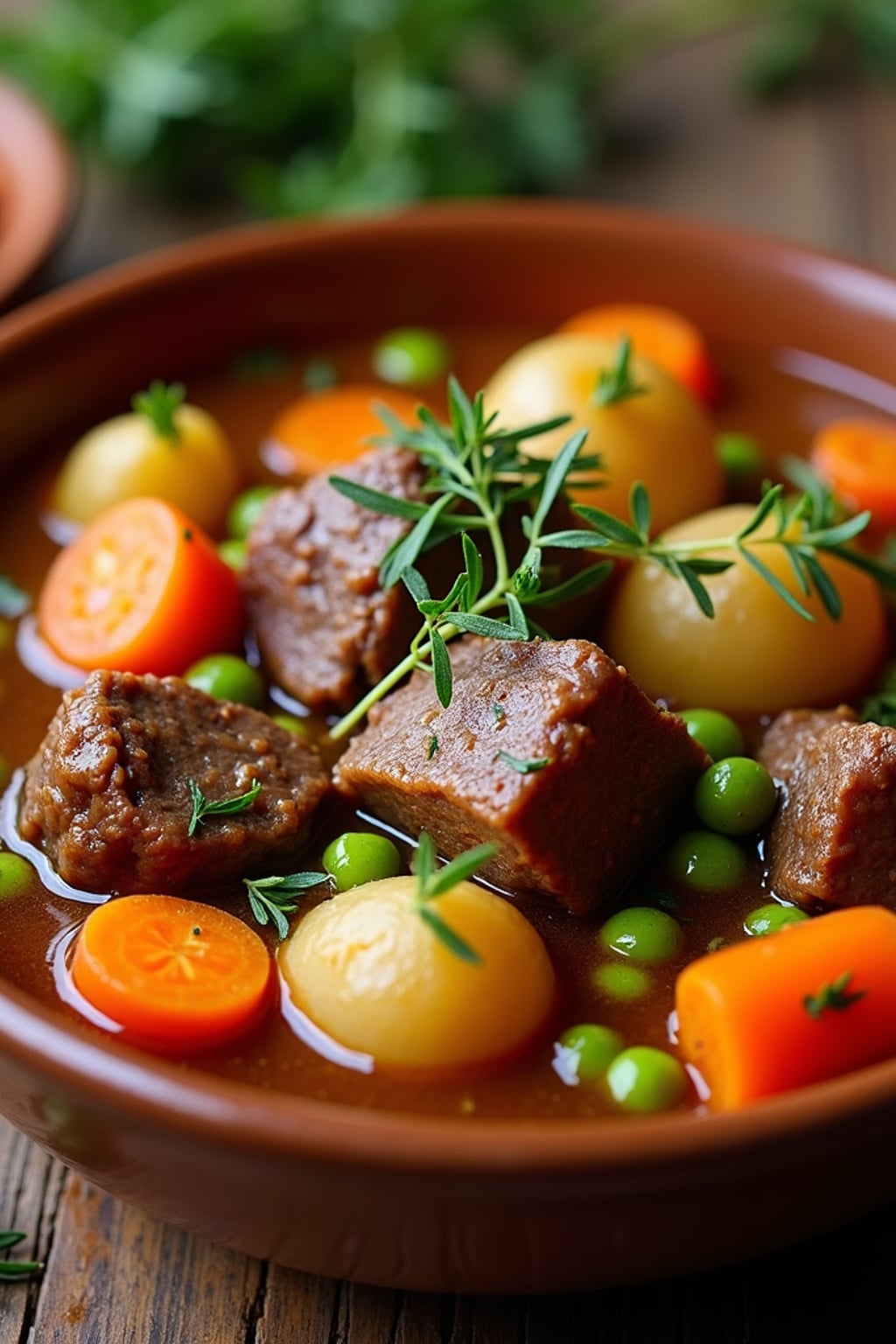a close-up, ultra-realistic photograph perfect for a cookbook captures a hearty beef stew with tender chunks of meat, carrots, potatoes, and peas in a rich gravy, served in a rustic ceramic bowl with fresh herbs.