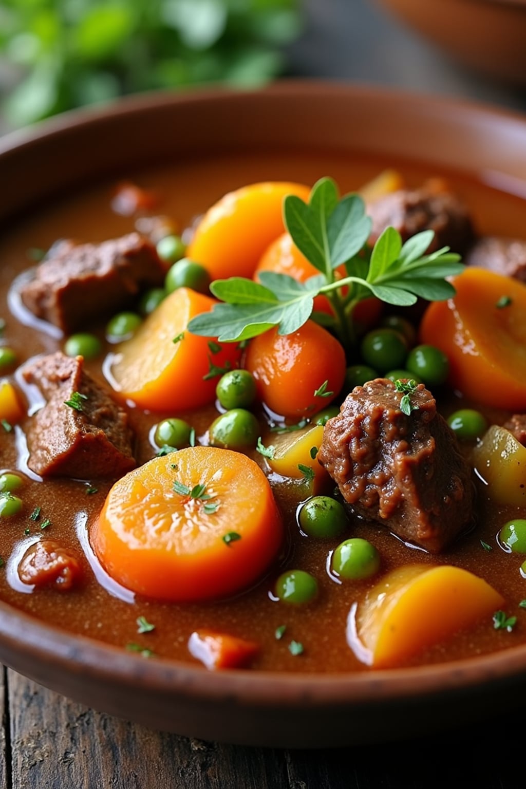 a close-up, ultra-realistic photograph perfect for a cookbook captures a hearty beef stew with tender chunks of meat, carrots, potatoes, and peas in a rich gravy, served in a rustic ceramic bowl with fresh herbs.
