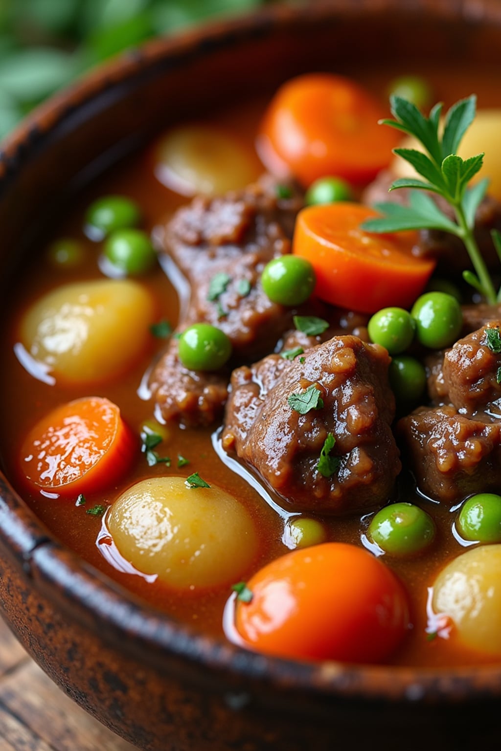 a close-up, ultra-realistic photograph perfect for a cookbook captures a hearty beef stew with tender chunks of meat, carrots, potatoes, and peas in a rich gravy, served in a rustic ceramic bowl with fresh herbs.